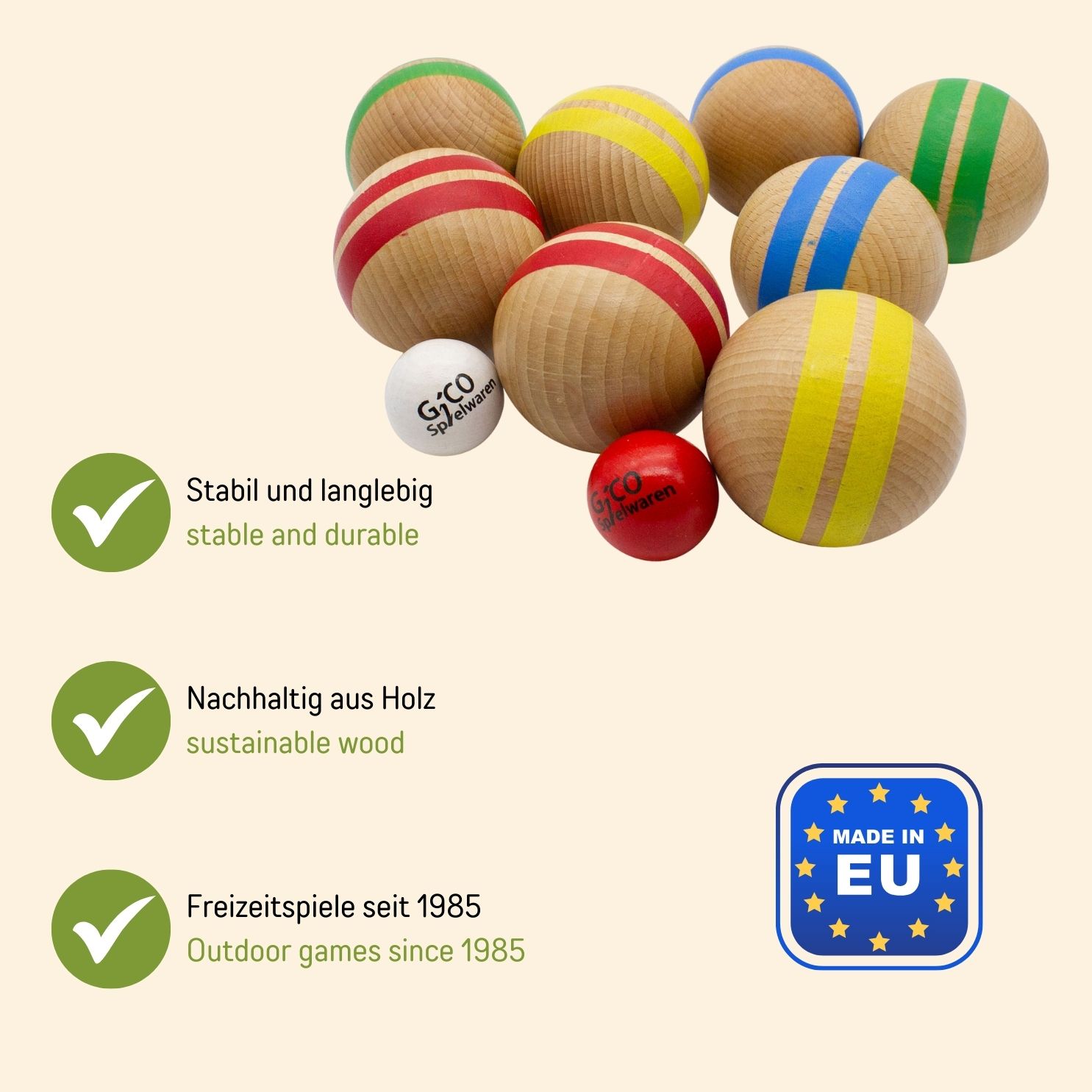 Boccia Spiel aus Massivholz, gestreift mit 8 Kugeln, Durchmesser 7 cm. Made in EU - 3015