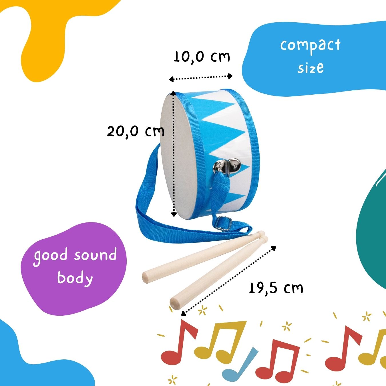 Trommel für Kinder blau/weiss – Holz, 20 cm, mit Sticks & Gurt- 3845