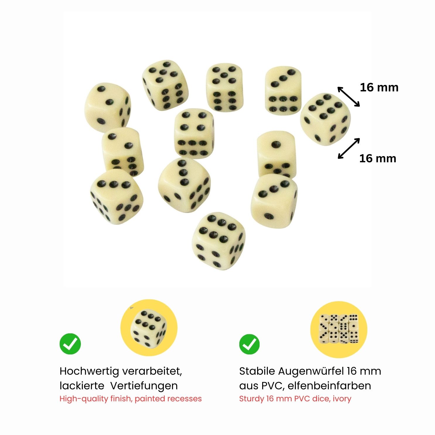 Augenwürfel -Standard Spielwürfel aus PVC -16 mm- 12 Stück - 5955