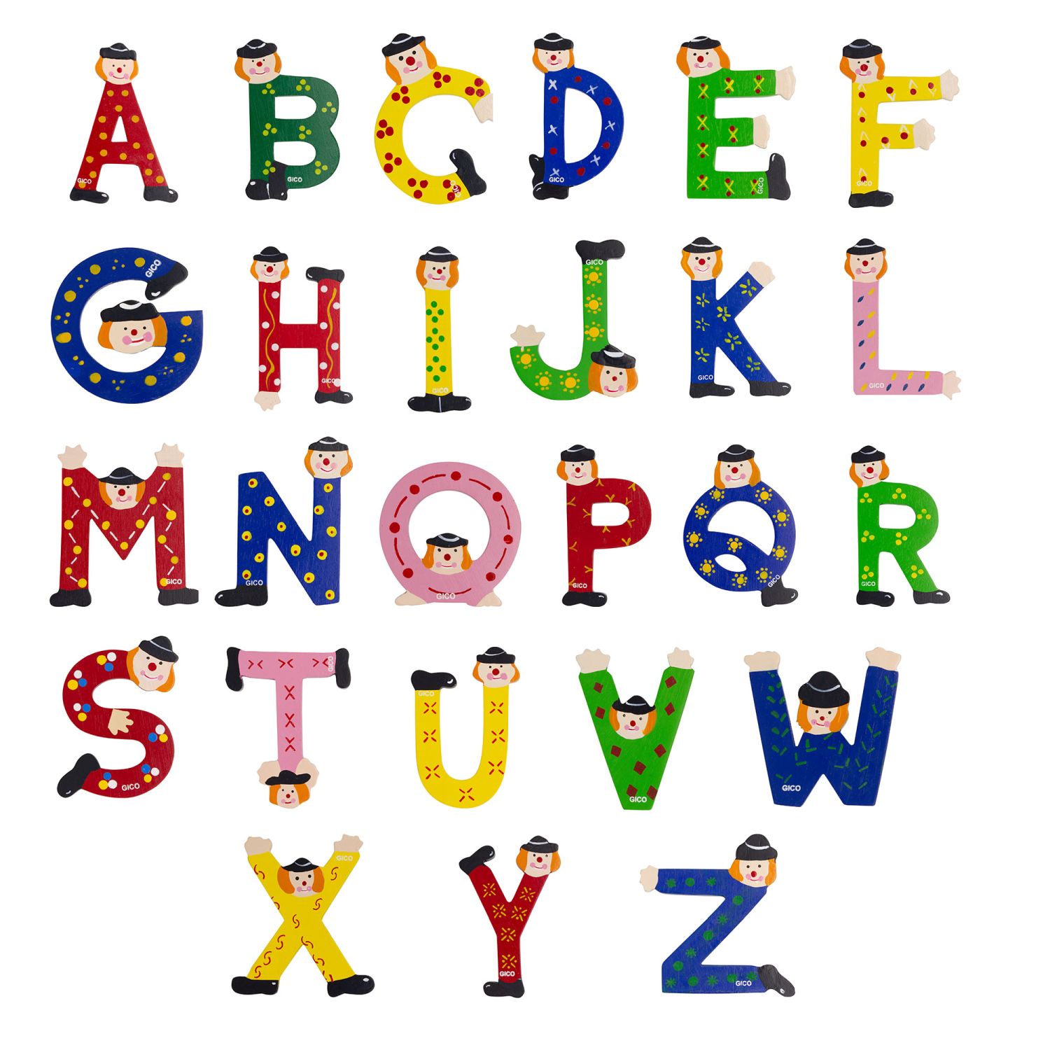 Clown Buchstaben aus Holz für das Kinderzimmer  A-Z 9 cm E