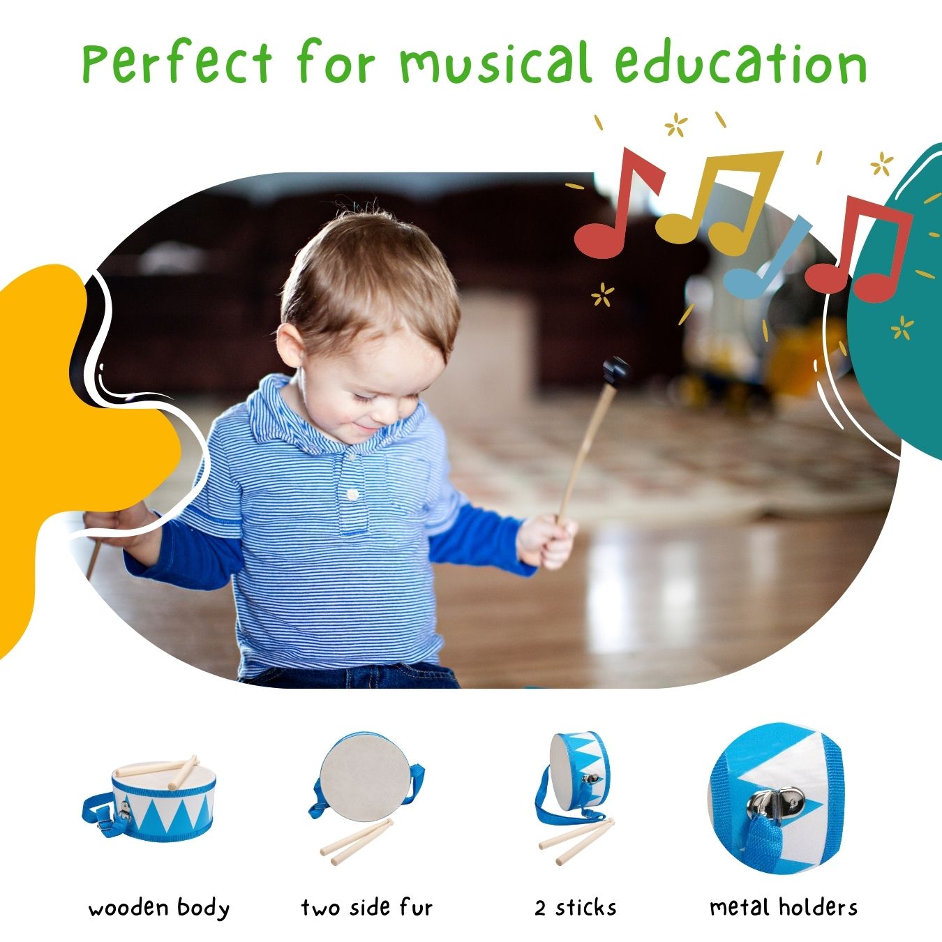 Trommel für Kinder blau/weiss – Holz, 20 cm, mit Sticks & Gurt- 3845