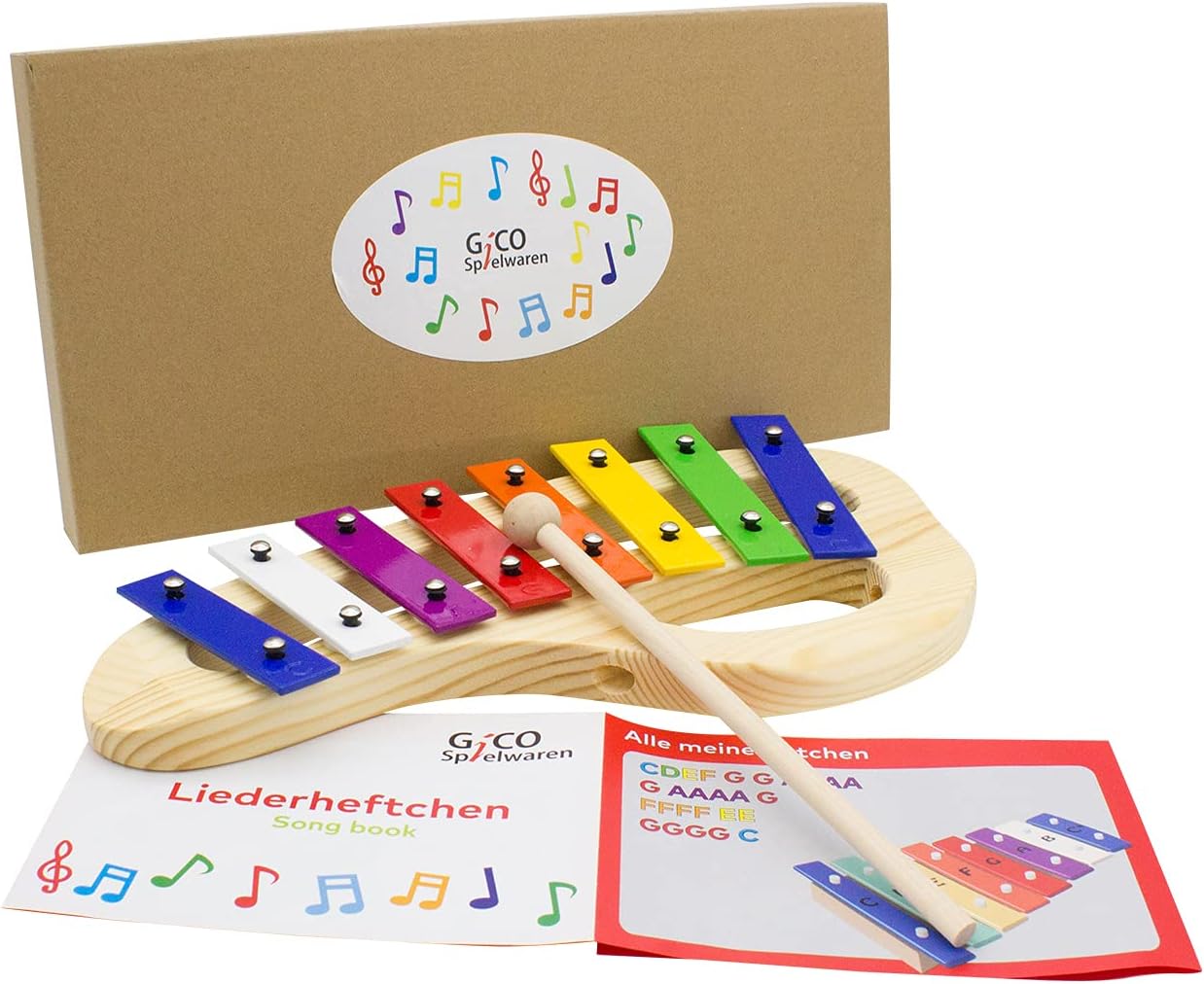 GICO Kinder Xylophon für Kinder Metallphon mit Griff aus Holz mit 8 Tönen L: 31 cm - 3813