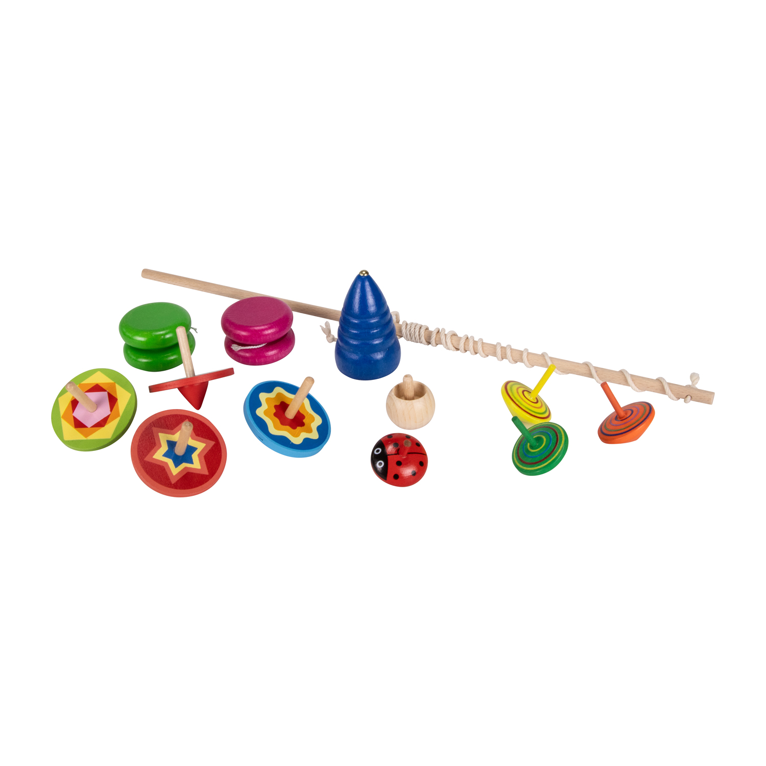 Kreiselset mit 12  klassischen Spielkreiseln und Jojos aus Holz - KSet