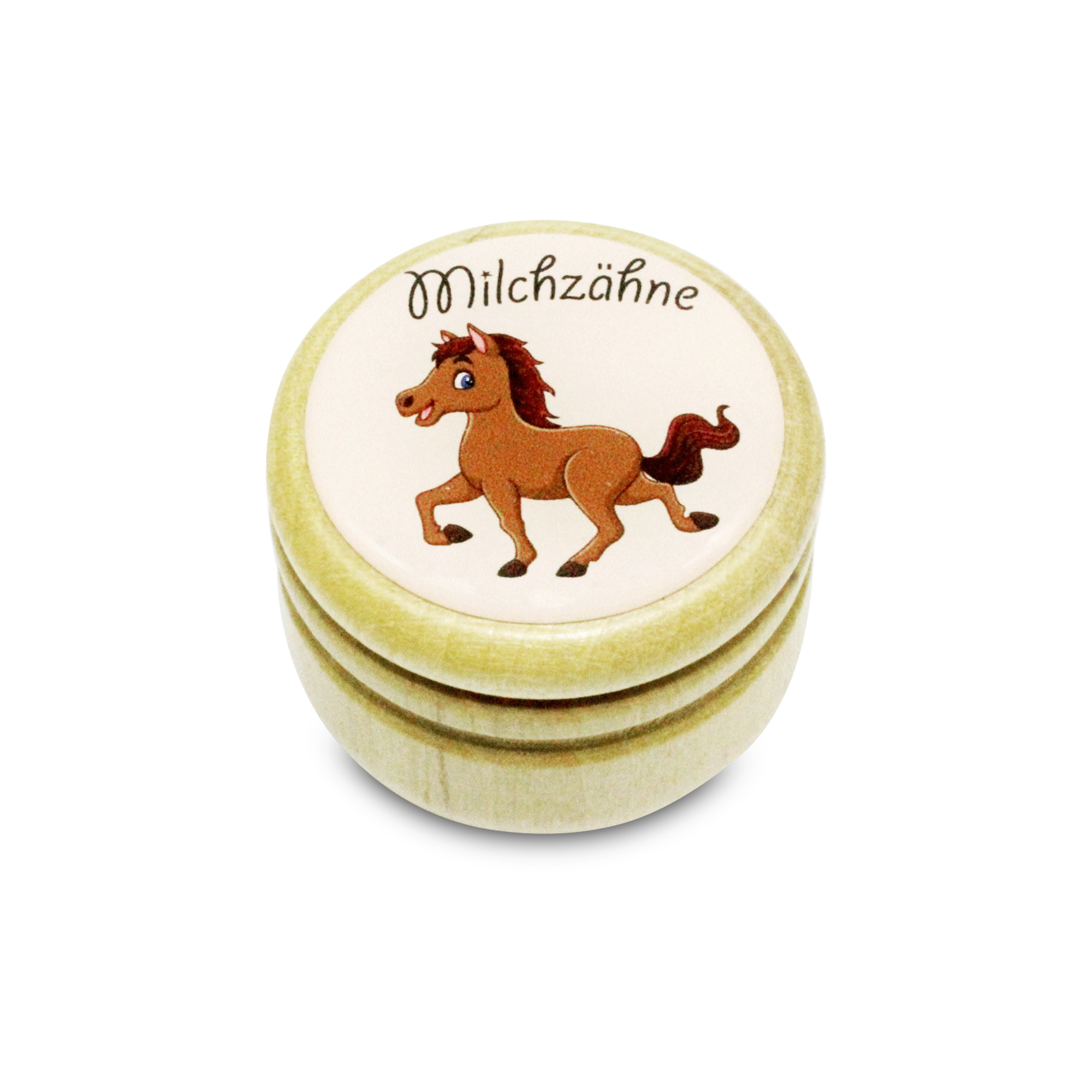 Milchzahndose Pferd Zahndose Milchzähne Bilderdose aus Holz mit Drehverschluss 44 mm ( Pferd ) - 7013