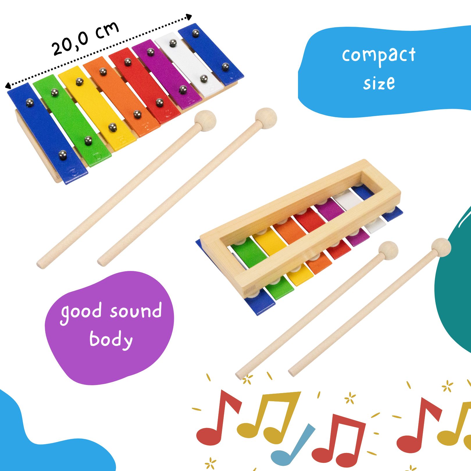GICO Kinder Xylophon für Kinder Metallphon aus Holz mit 8 Tönen L: 20 cm - 3810