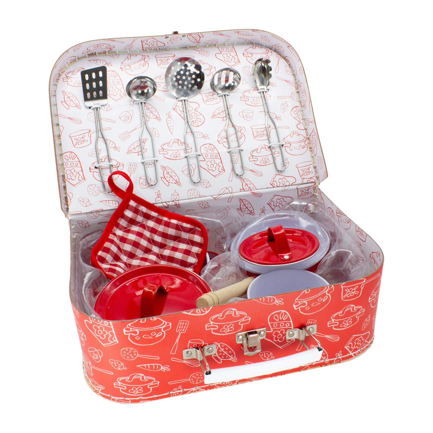 Spielkoffer Kochset rot für Kinder im Tragekoffer mit Töpfen, Pfanne, Topflappen, Metallgeschirr 37833