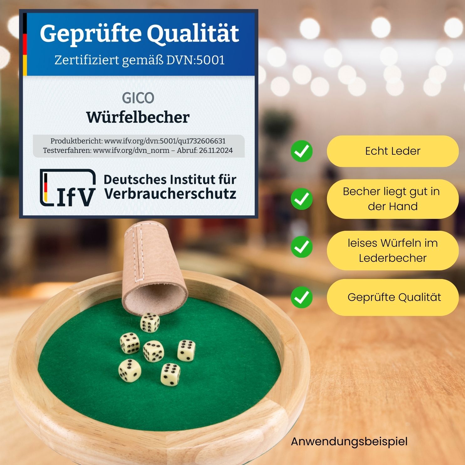 Würfelbecher (echt Leder) Standard (9 cm) mit 6 Würfeln 5902