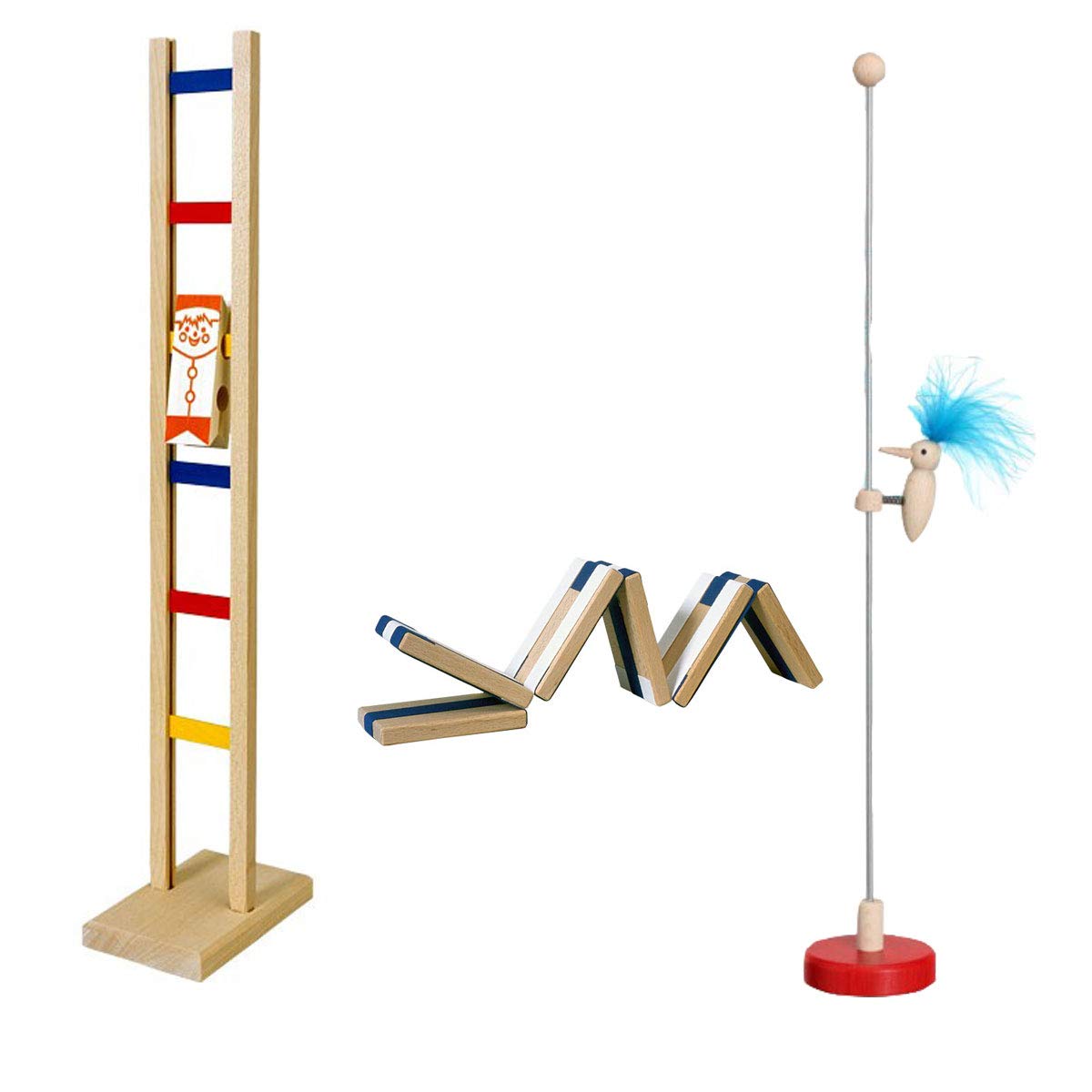 GICO Holzspielzeug Set 1 mit 3 klassischen Spielzeugen für Kinder aus Holz - Zauberklapperschlange, Leitermännchen, Klapperspecht 6550,6520,6502