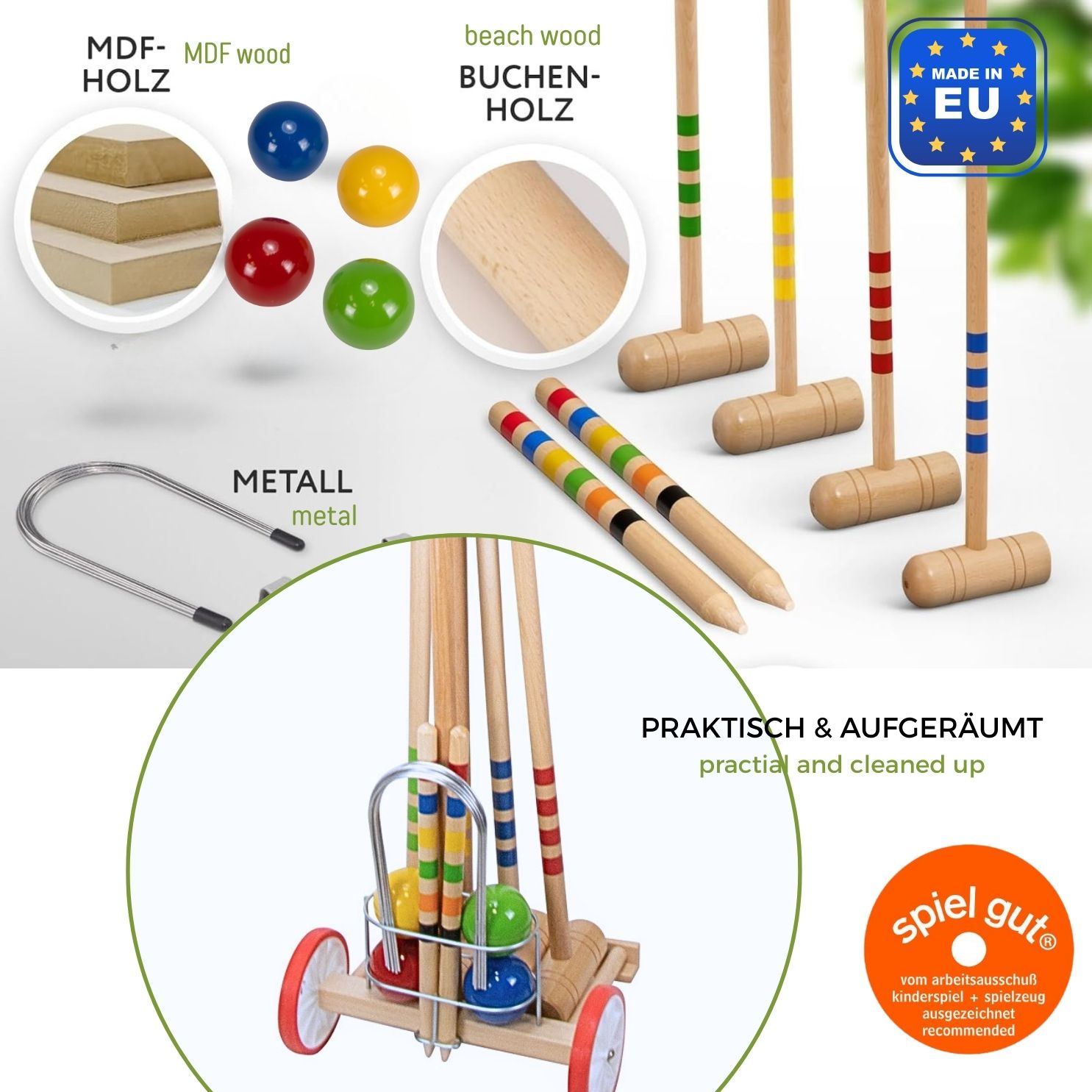 GICO Krocket Set für 4 Spieler Transportwagen ,4x80 cm -3110