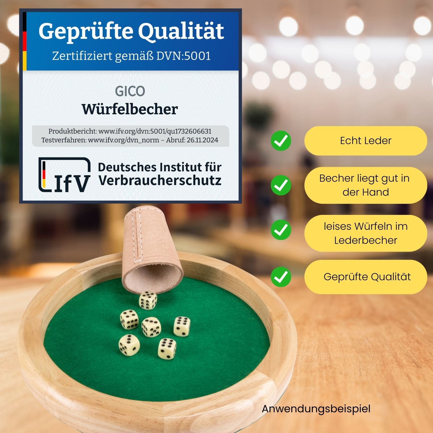 GICO 5 Stück Würfelbecher (echt Leder) Standard (9 cm) mit 6 Würfeln -  5902-5