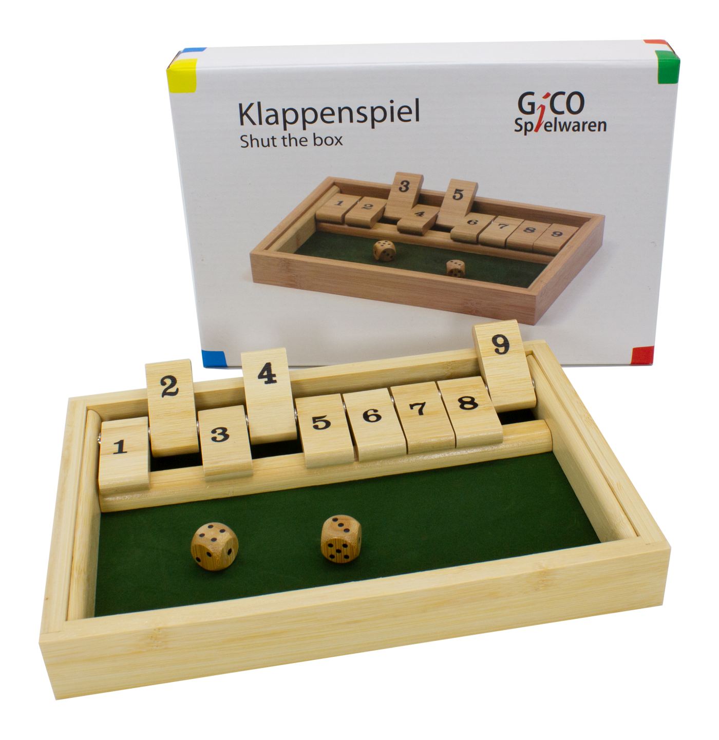 GICO Klappenspiel / Shut the box aus Holz. Das bekannte Gesellschaftsspiel für Jung und Alt 7954