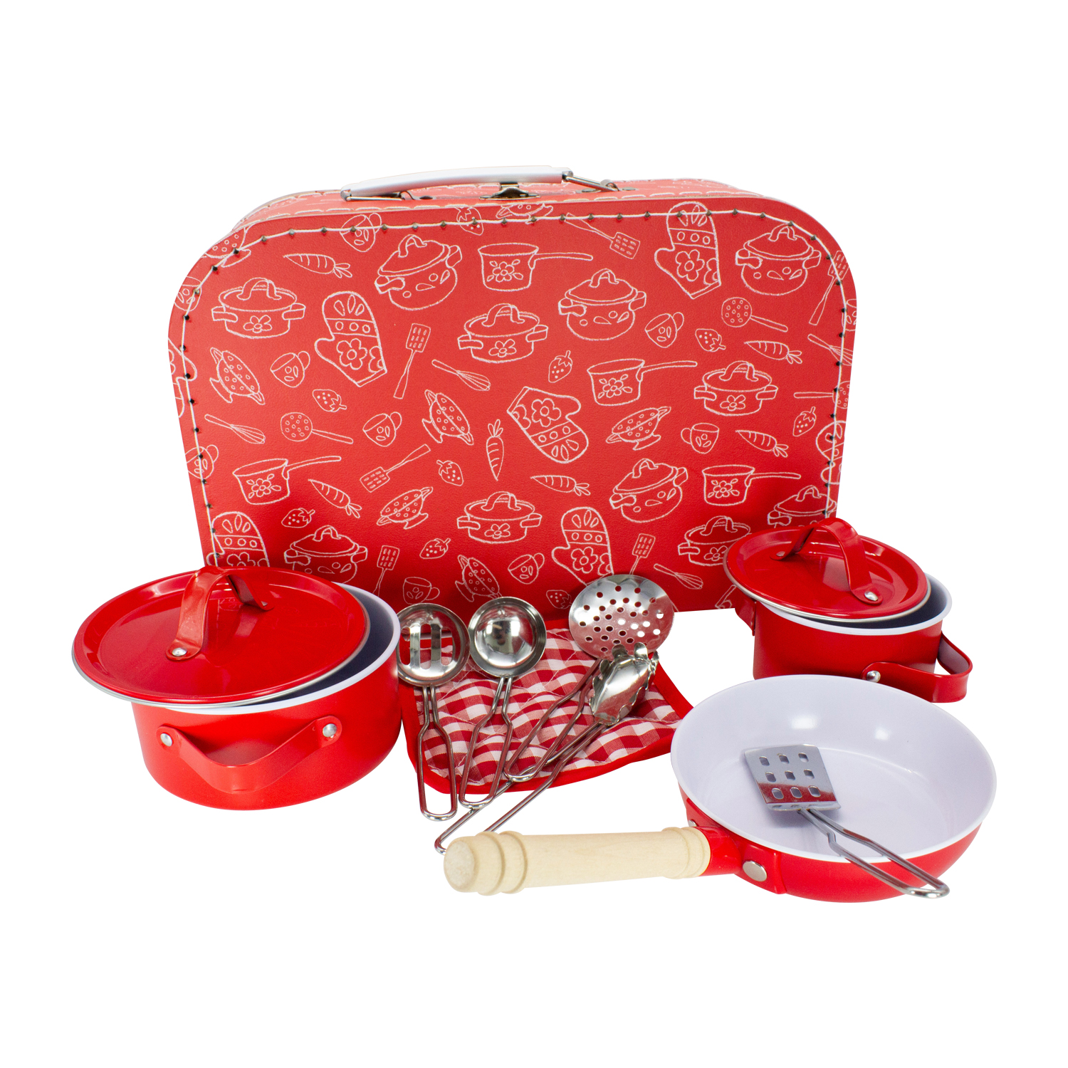 Spielkoffer Kochset rot für Kinder im Tragekoffer mit Töpfen, Pfanne, Topflappen, Metallgeschirr 37833