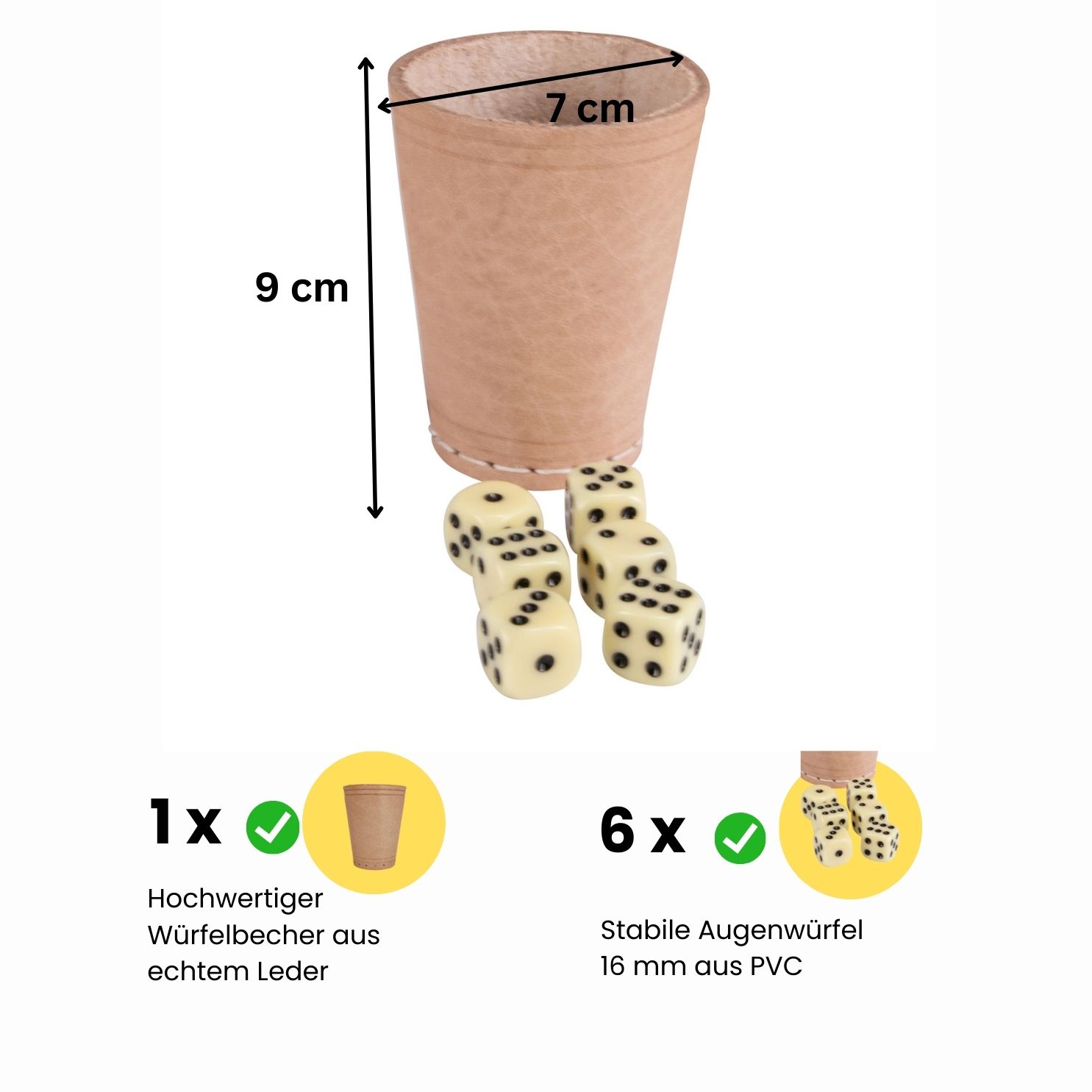 Würfelbecher (echt Leder) Standard (9 cm) mit 6 Würfeln 5902