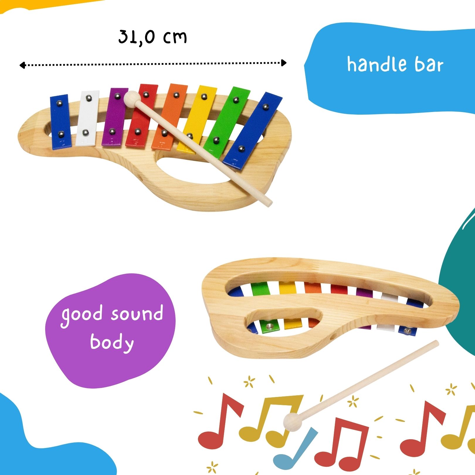 GICO Kinder Xylophon für Kinder Metallphon mit Griff aus Holz mit 8 Tönen L: 31 cm - 3813