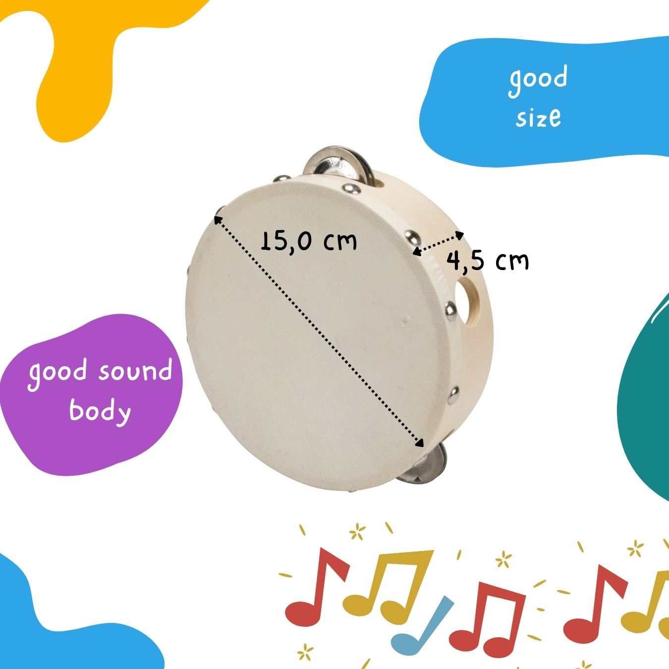 Tamburin Handtrommel Musikinstrument für Kinder D: 15 cm aus Holz mit 4 Schellen - 3832