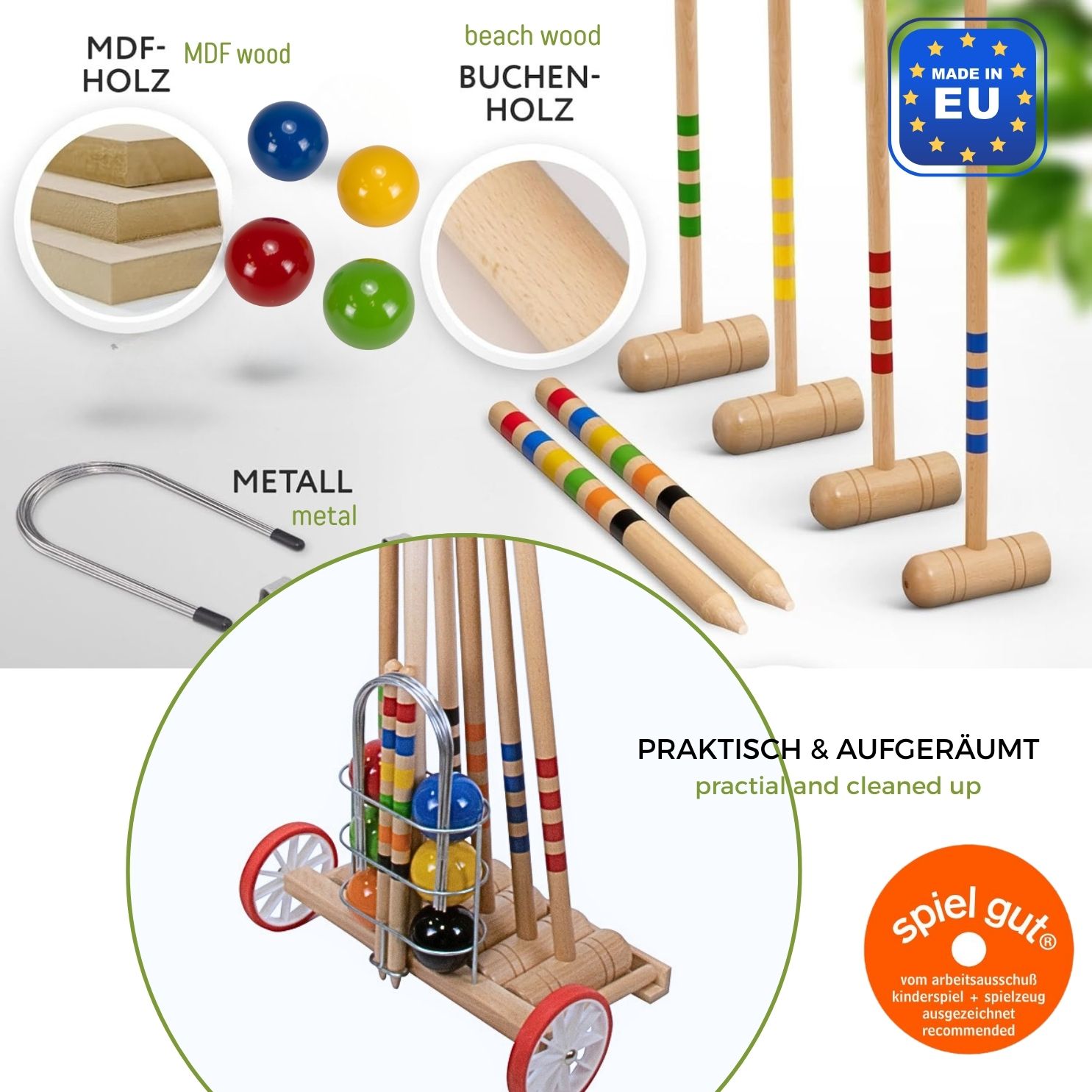 GICO Krocket Set Family 6 Spieler Transportwagen  2x100cm,4x80 cm -3111