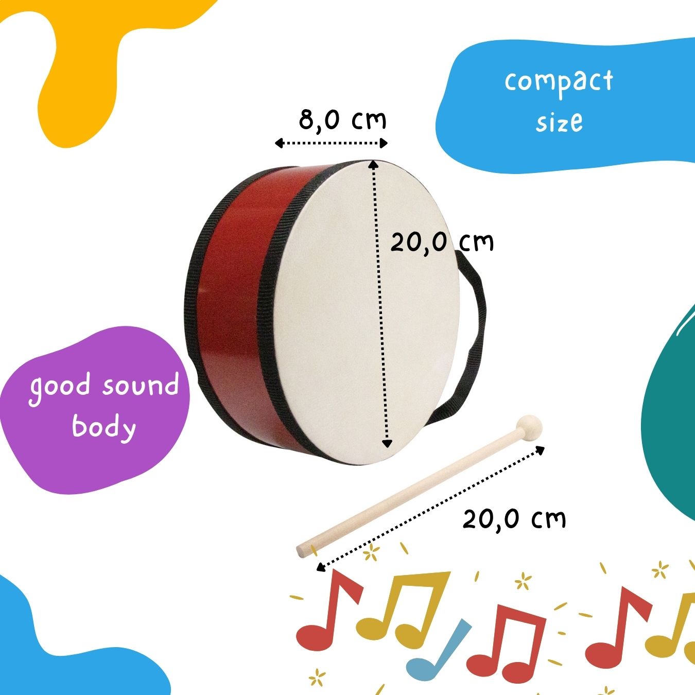 Kindertrommel aus Holz – 20 cm mit Griff & Trommelstock - 3847