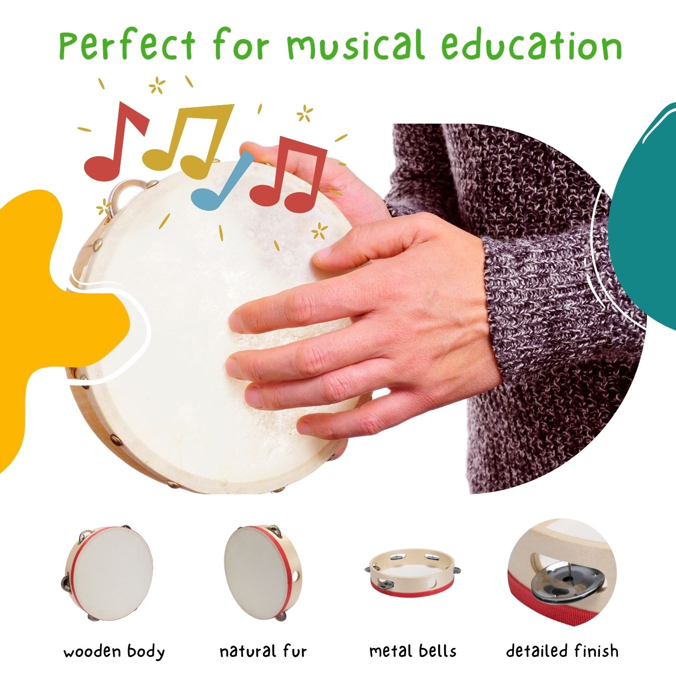 Tamburin Handtrommel Musikinstrument für Kinder D: 20 cm aus Holz mit 5 Schellen - 3833