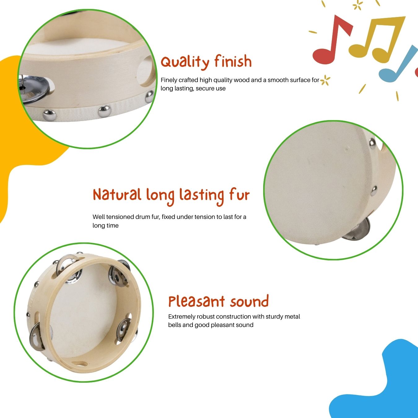 Tamburin Handtrommel Musikinstrument für Kinder D: 15 cm aus Holz mit 4 Schellen - 3832