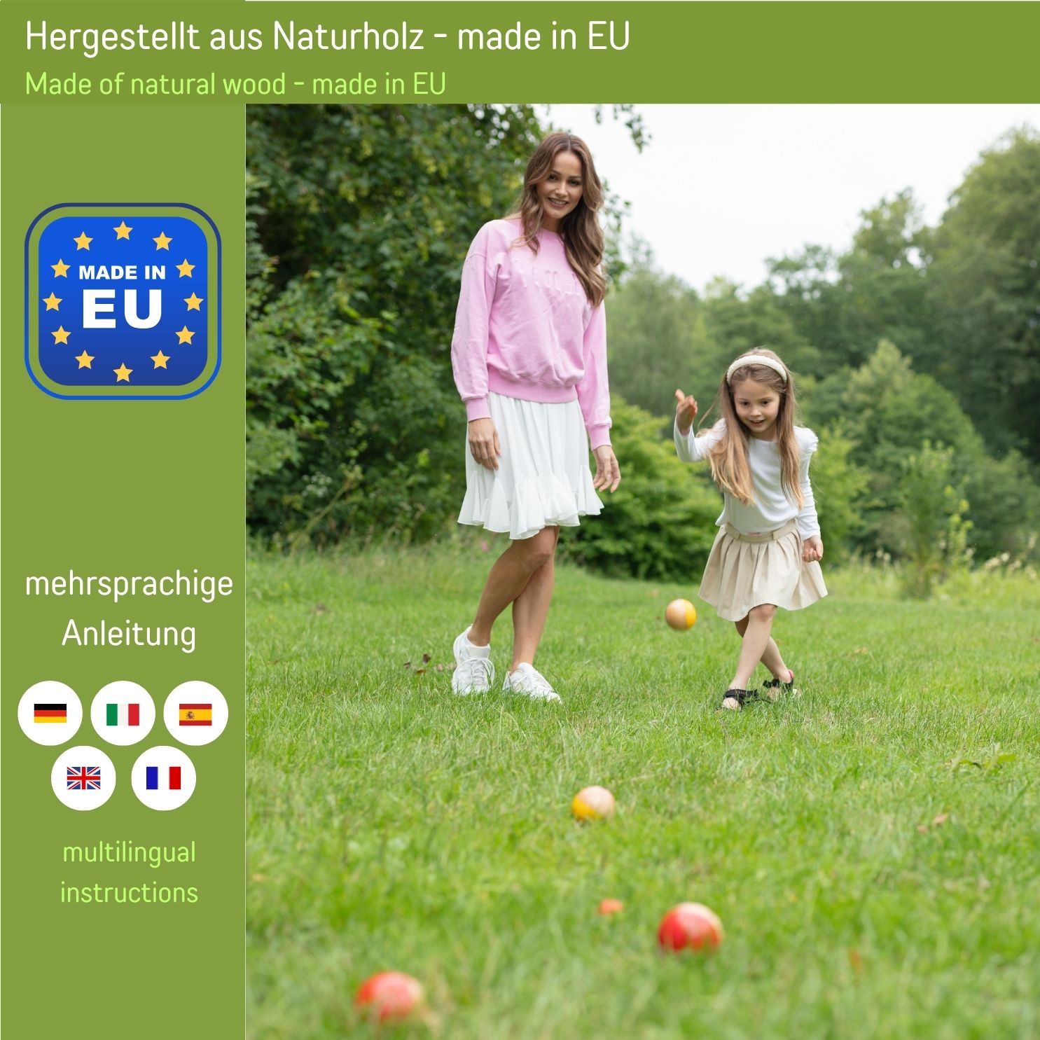 Boccia Spiel aus Massivholz, gestreift mit 8 Kugeln, Durchmesser 7 cm. Made in EU - 3015