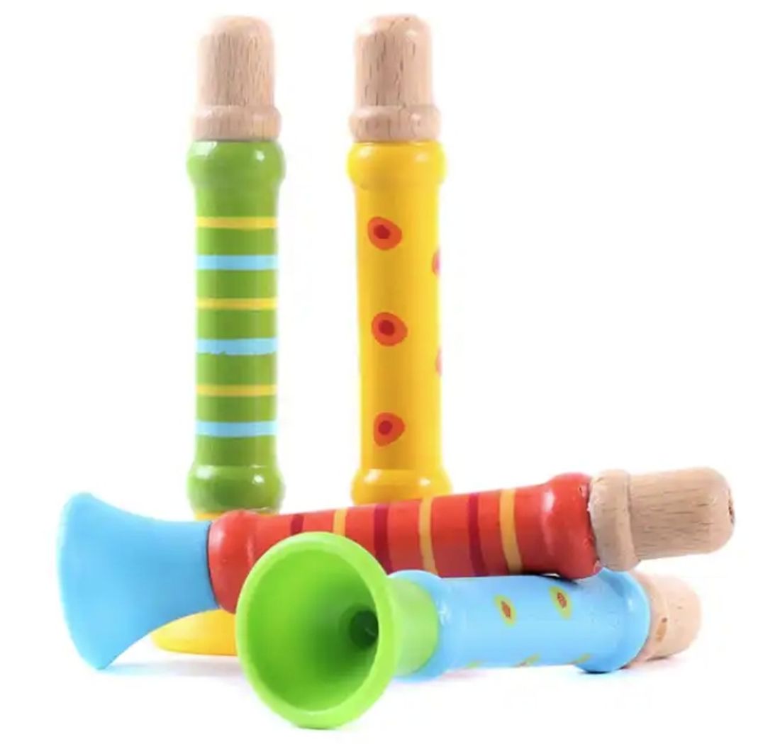 Set mit 4 Trompeten, Pfeifen, Tröten aus Holz - 7940