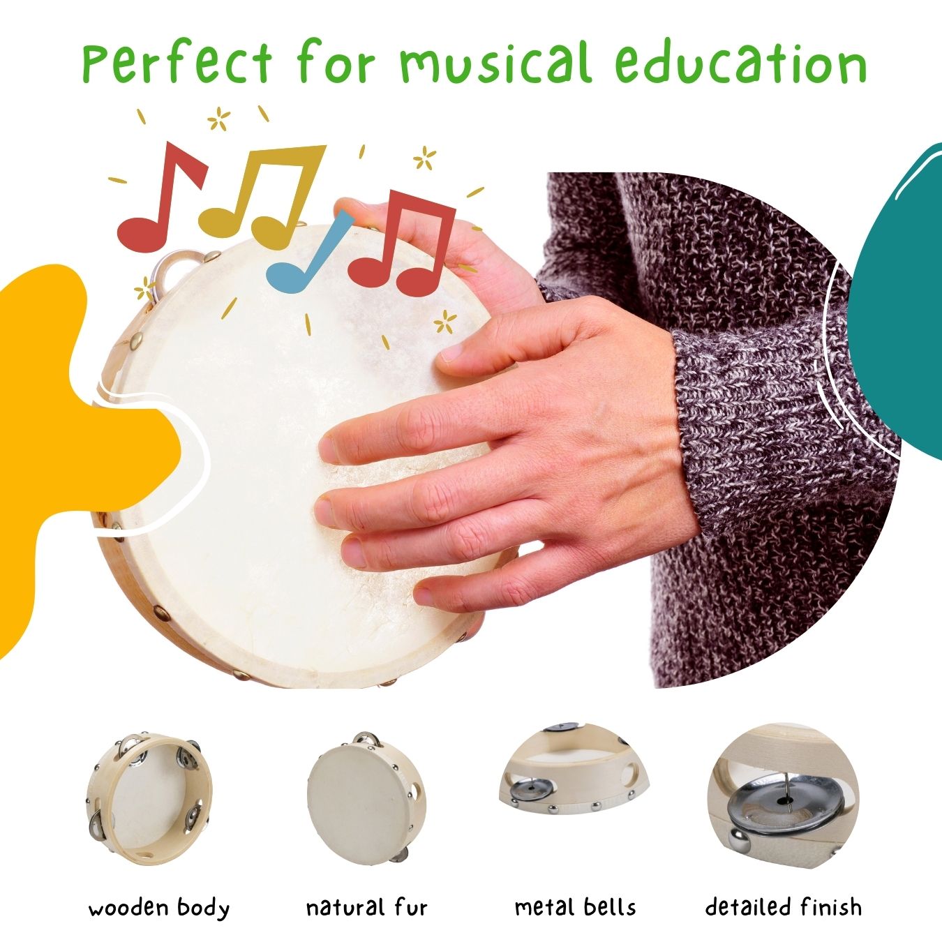 Tamburin Handtrommel Musikinstrument für Kinder D: 15 cm aus Holz mit 4 Schellen - 3832