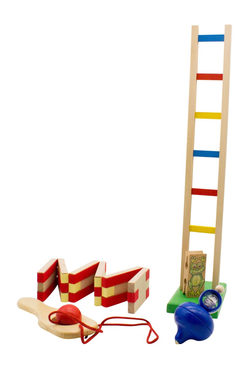 Holzspielzeug Set 2 mit 4 klassischen Spielzeugen für Kinder aus Holz - Fangbrettchen, Zauberklapperschlange, Leitermännchen, Schnurkreisel 6420,6550,6520,6601