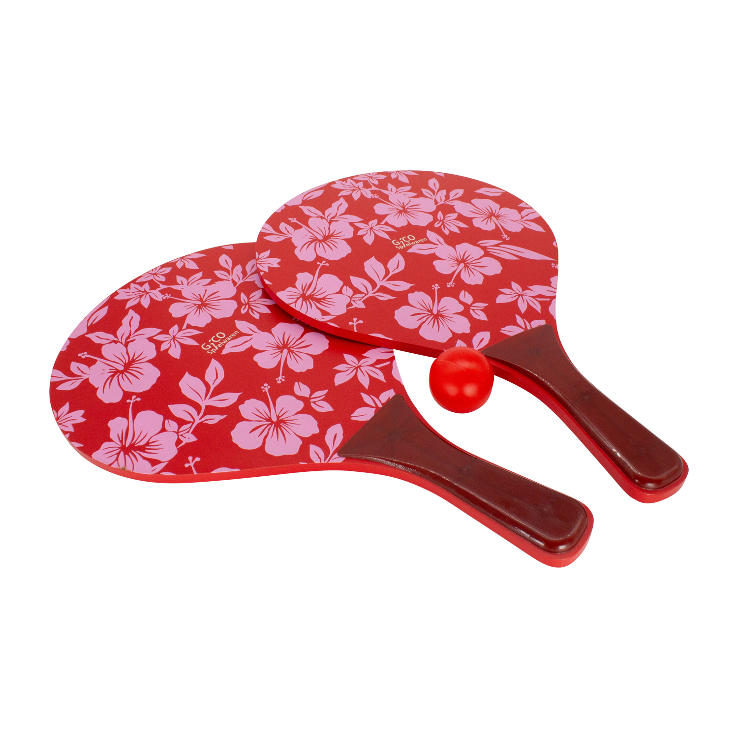 Beach Ball Spiel Holz Set Retro in rot mit Blumenmuster, 2 Holzschläger, 1 Ball- Freizeitspaß für Garten und Strand - 3269
