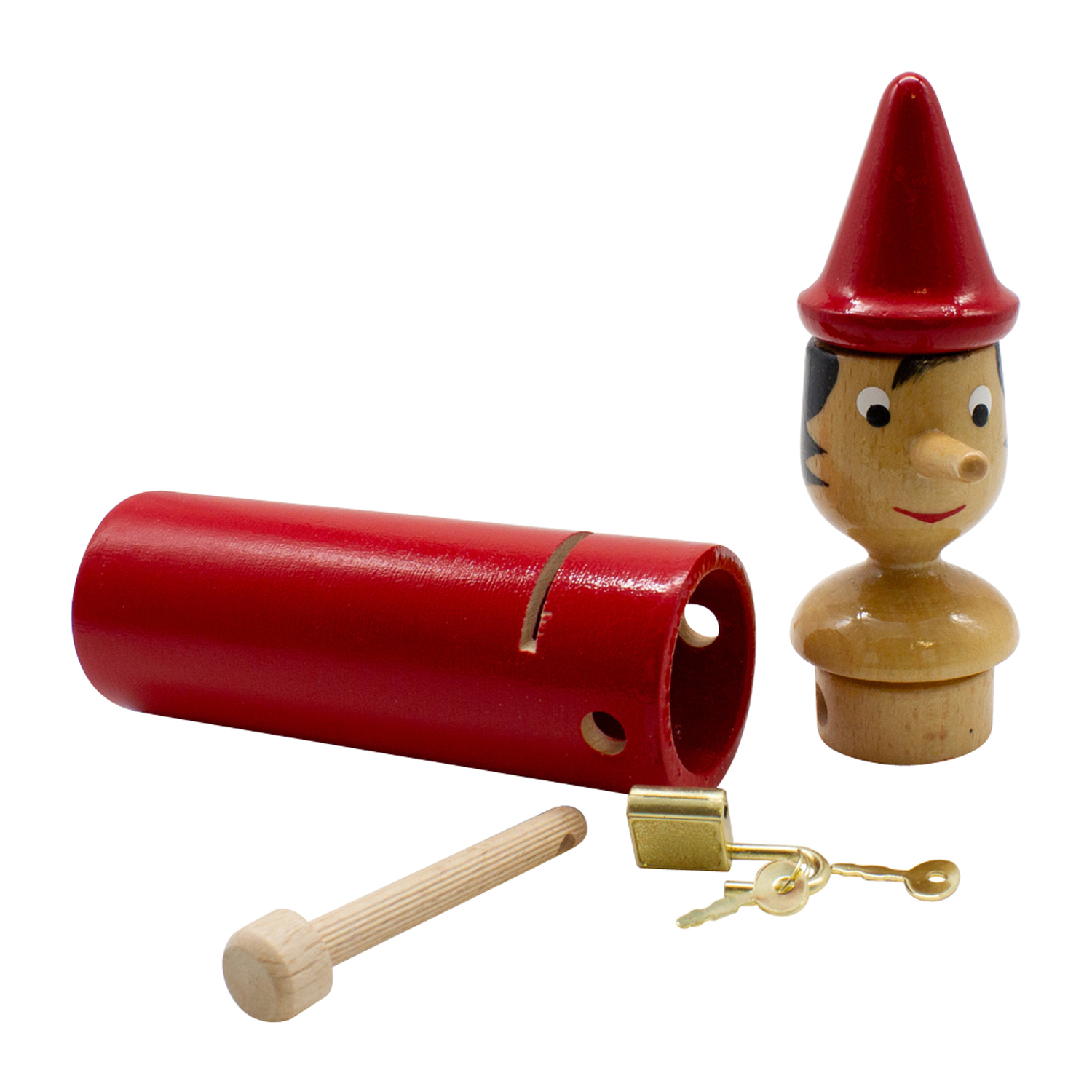 Pinocchio Spardose aus Holz mit Metallschloß, Länge 24 cm- Made in Italy- 7496…