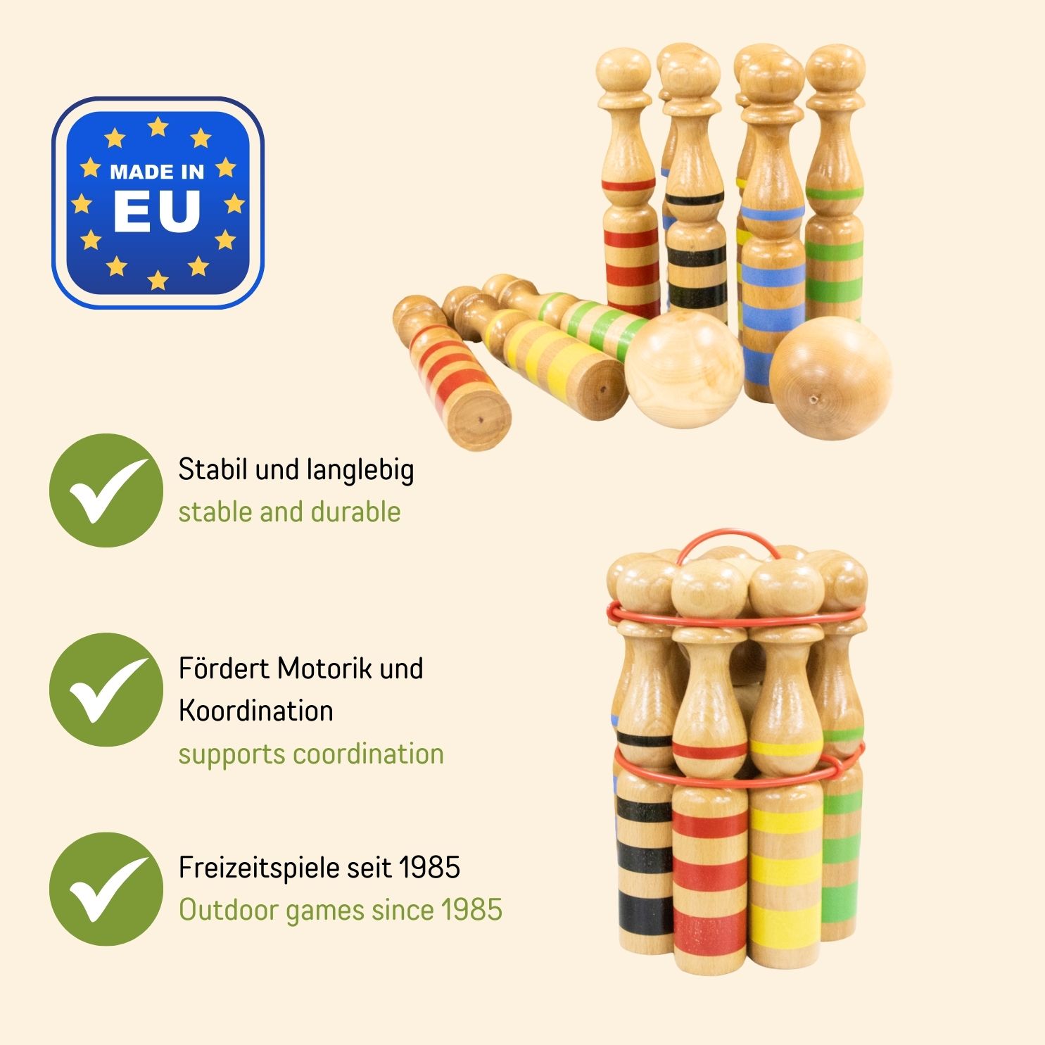 Kegelspiel Kegel Set Bowling 30 cm aus Holz groß für Kinder und Erwachsene - Massivholz 30 cm, gestreift - 3026