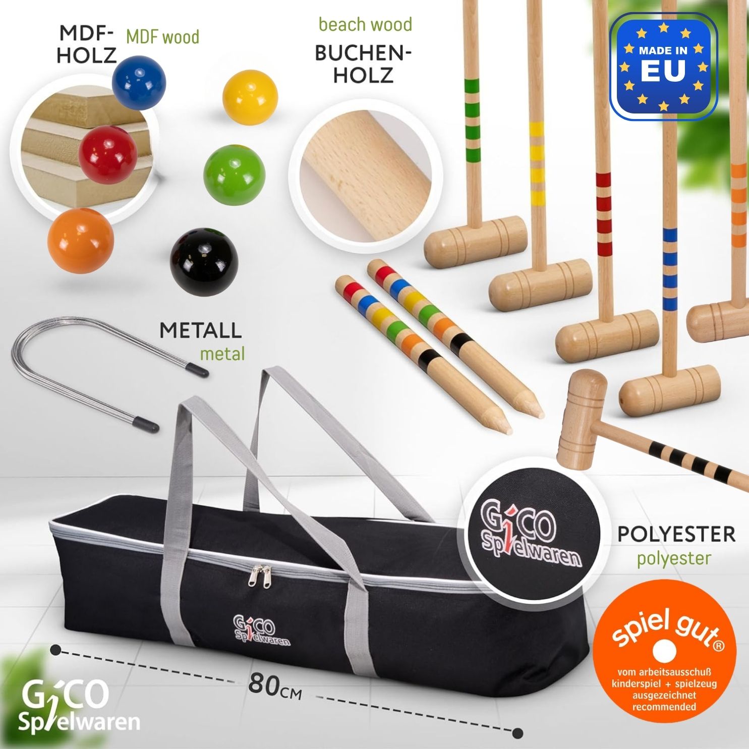 GICO Krocket Set 6 Spieler (80 cm) -spiel gut (Auszeichnung) in Transporttasche 3226