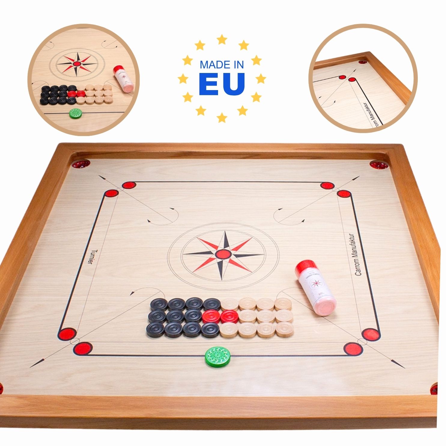 Carrom Manufaktur Board Turnier mit Zubehör (74 x 74 cm Spielfläche) - 4002