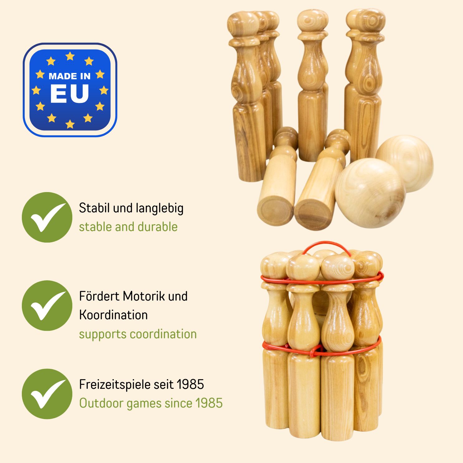 GICO Kegelspiel Kegel Set Bowling aus Holz für Kinder und Erwachsene – Der In- & Outdoor Spielspaß mit Qualitätsware aus Massivholz -Made in EU-Höhe 30 cm–3019