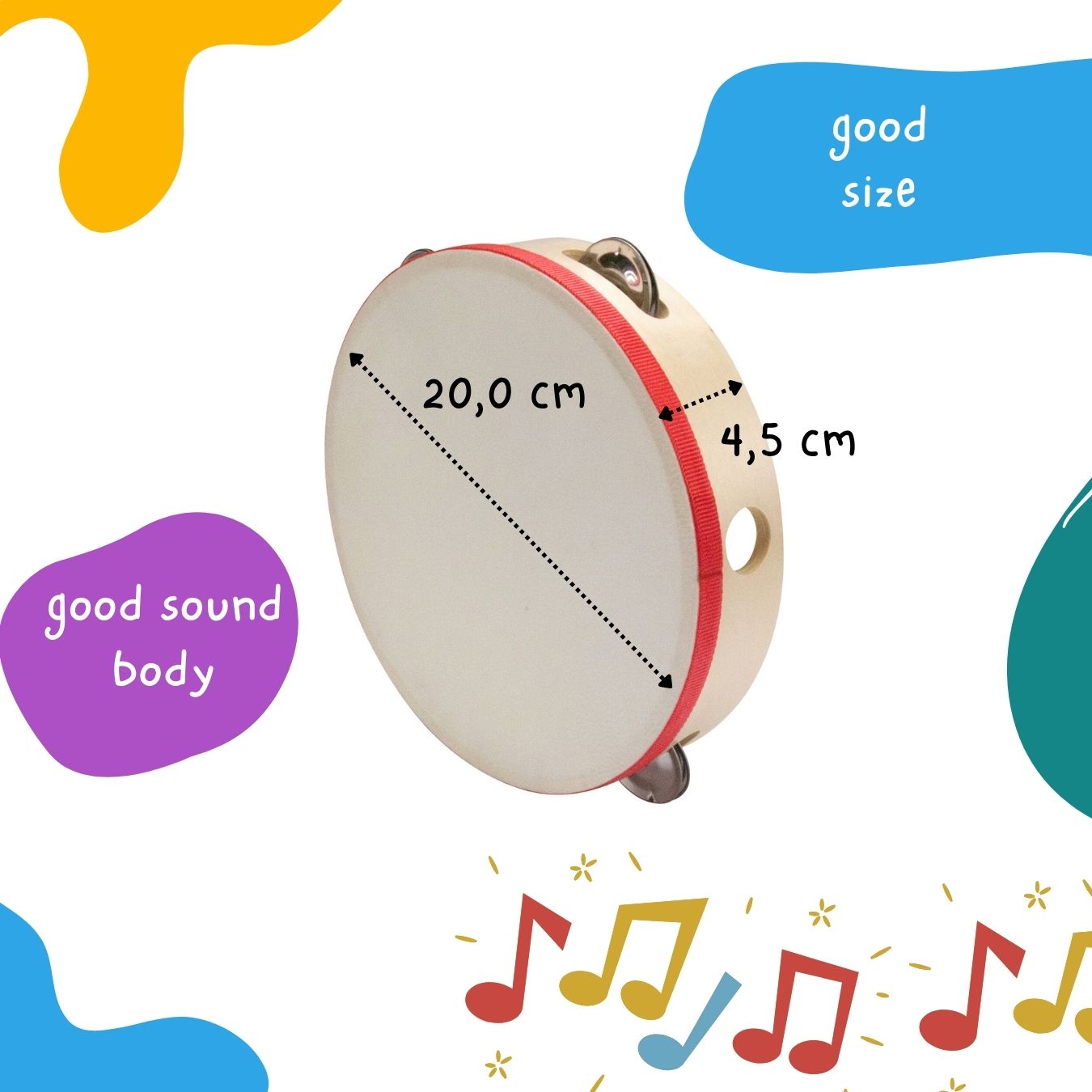 Tamburin Handtrommel Musikinstrument für Kinder D: 20 cm aus Holz mit 5 Schellen - 3833