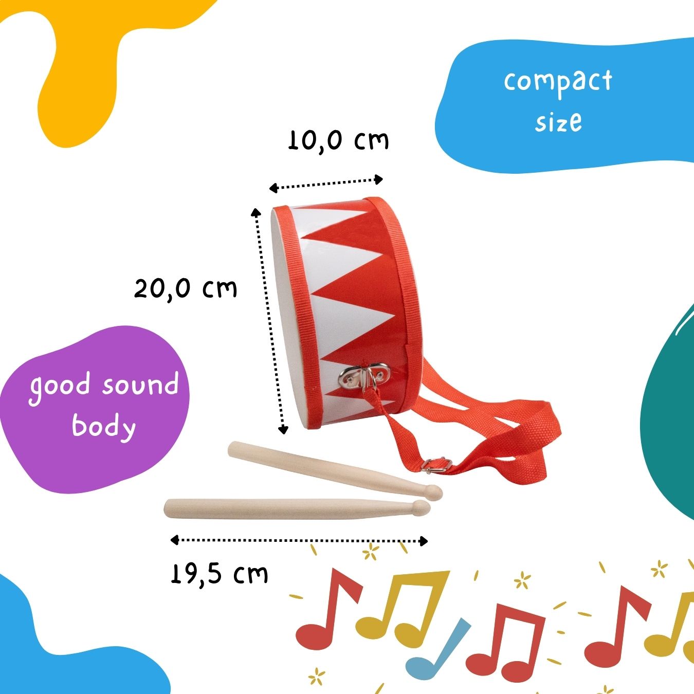 Trommel für Kinder rot/weiss – Holz, 20 cm, mit Sticks & Gurt- 3845r
