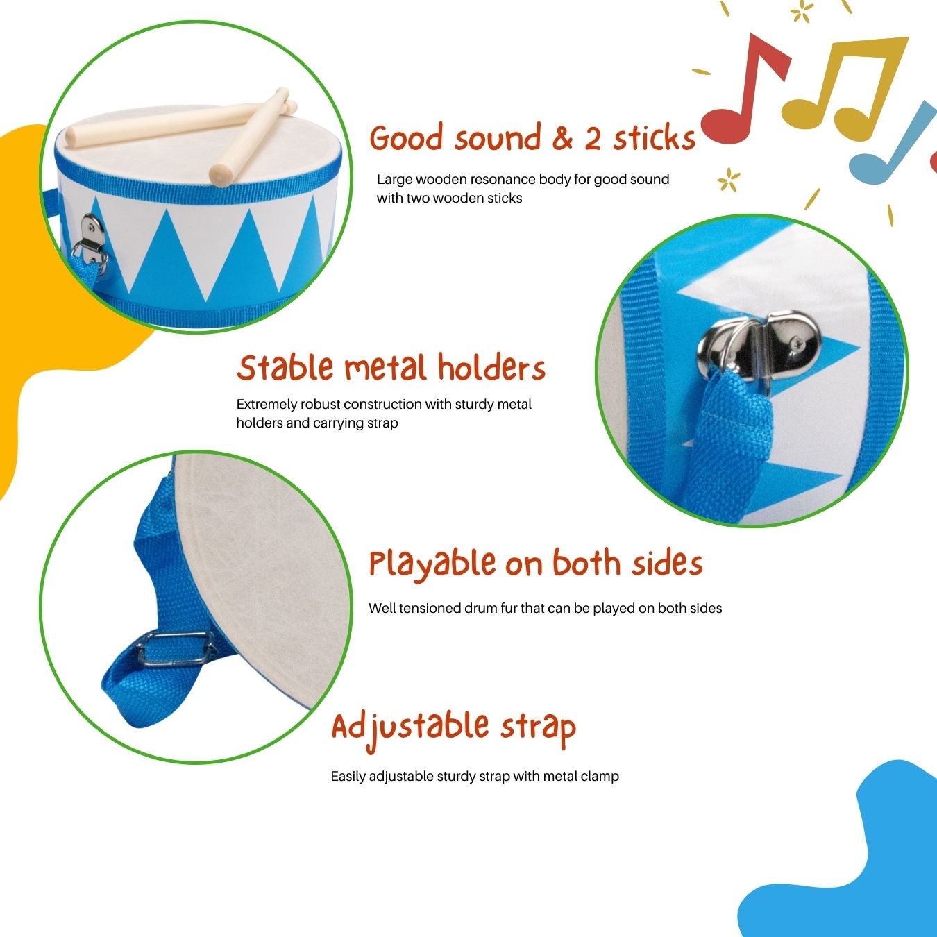 Trommel für Kinder blau/weiss – Holz, 20 cm, mit Sticks & Gurt- 3845