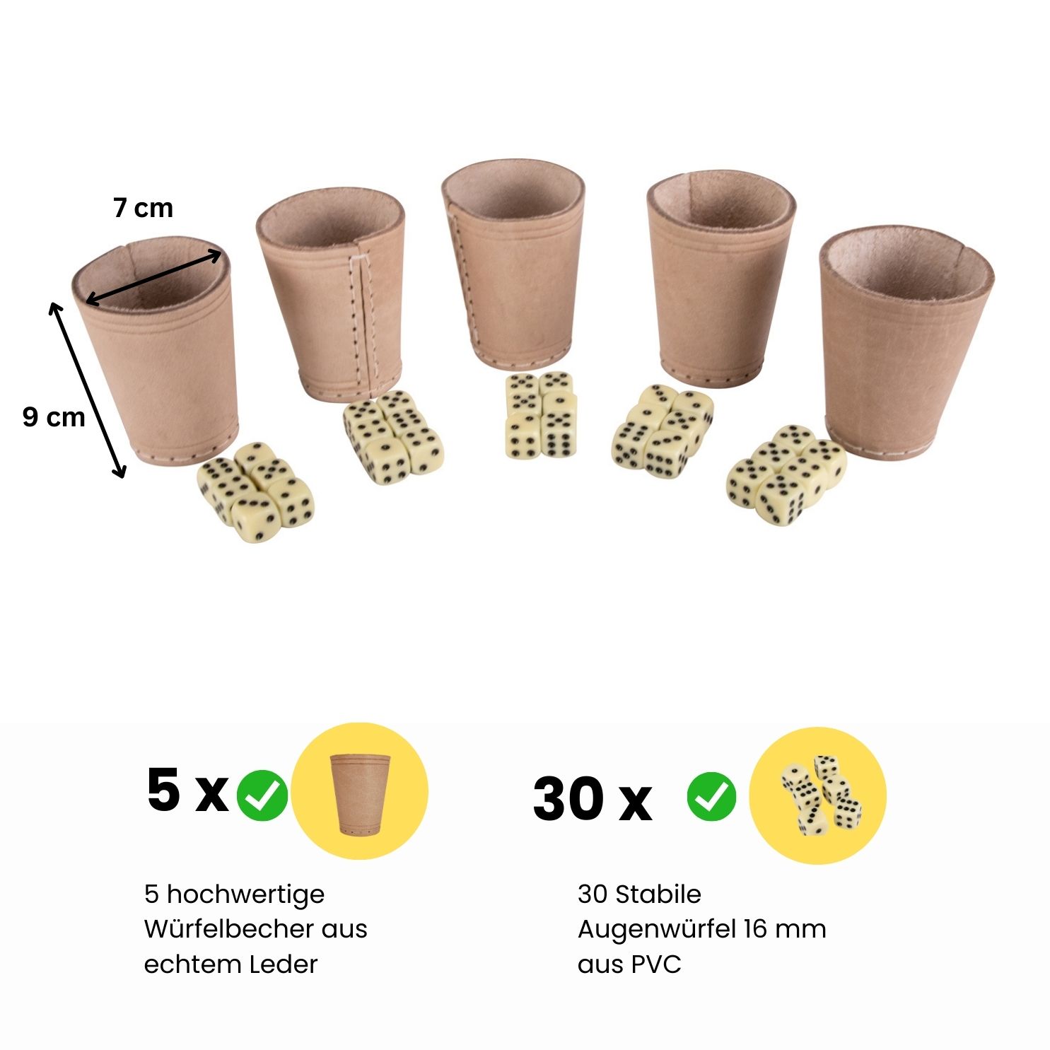 GICO 5 Stück Würfelbecher (echt Leder) Standard (9 cm) mit 6 Würfeln -  5902-5