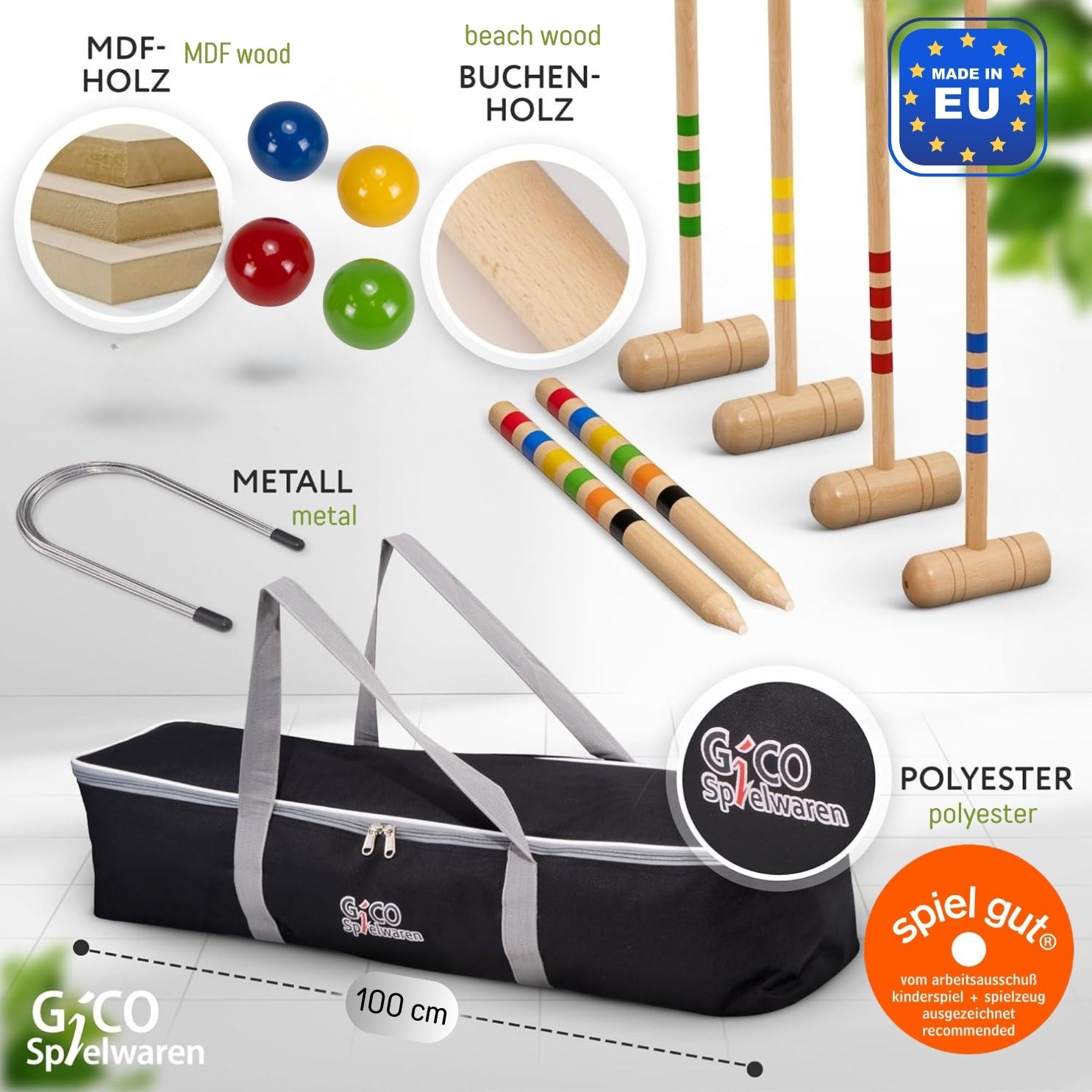 GICO Krocket Set Adult 4 Spieler ( Erwachsenen Länge 100cm ) mit Transporttasche 3244