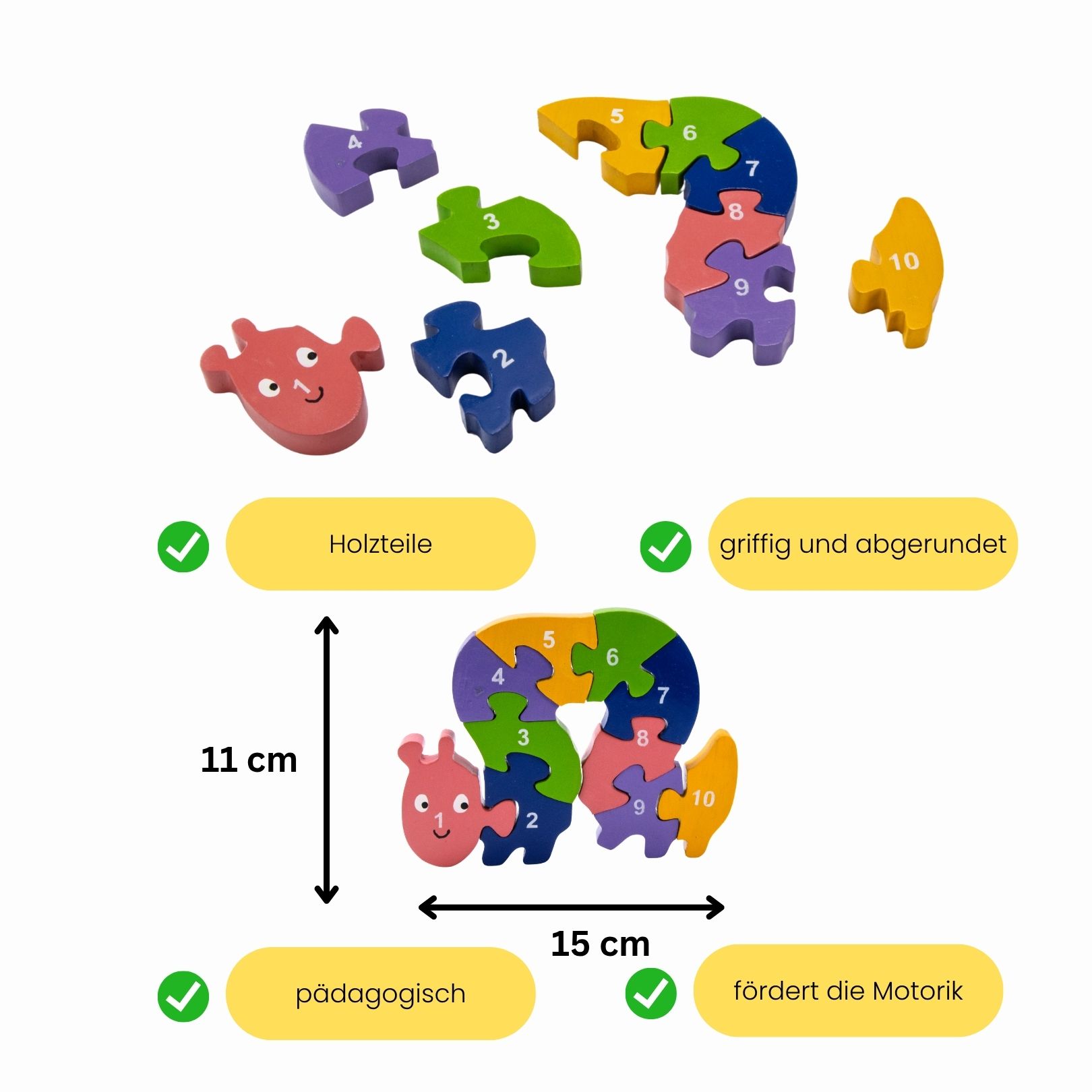 Holzpuzzle Raupe mit Zahlen von 1 bis 10- 3937