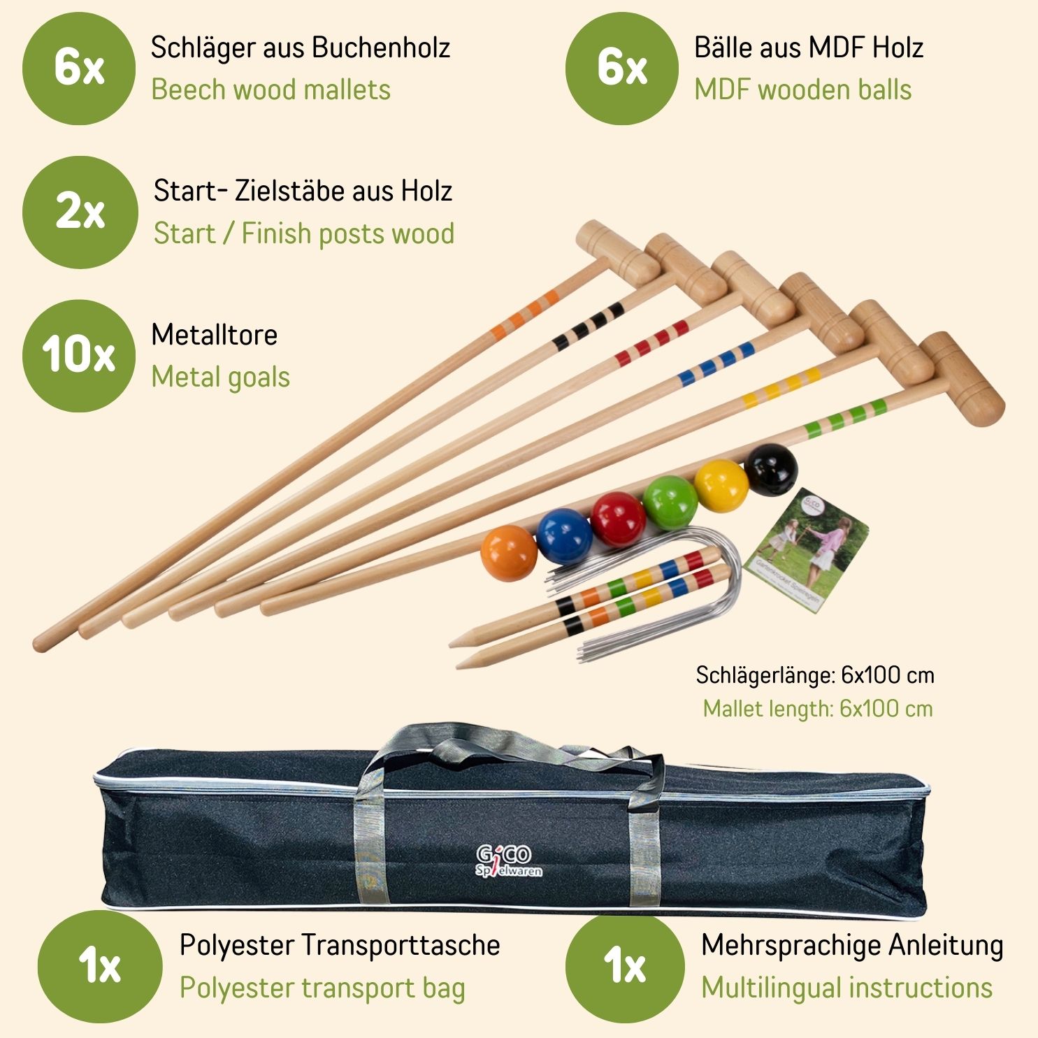 GICO Krocket Set Adult 6 Spieler ( Erwachsenen Länge 100cm ) in Transporttasche 3246
