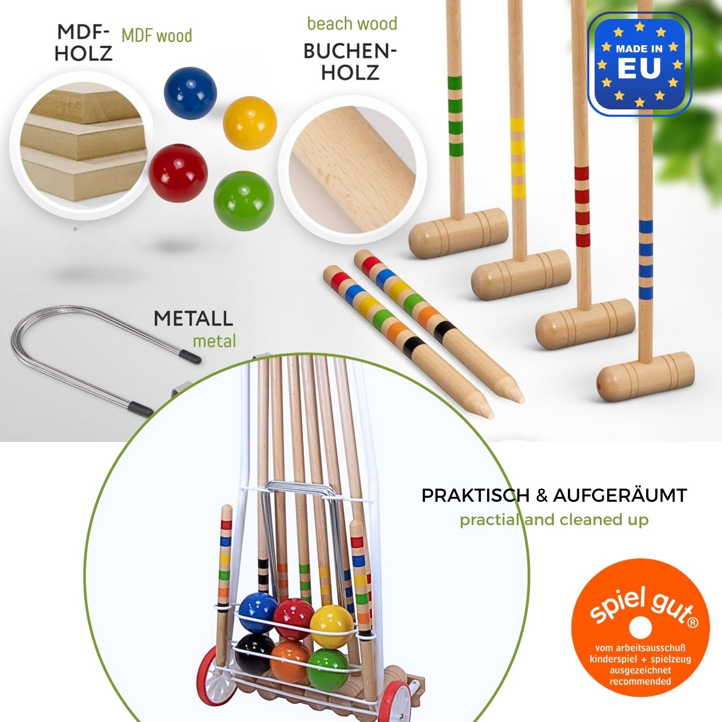 GICO Krocket Set Adult 6 Spieler Transportwagen (Erwachsene Länge 100cm) - Qualitätsware made in EU 3126