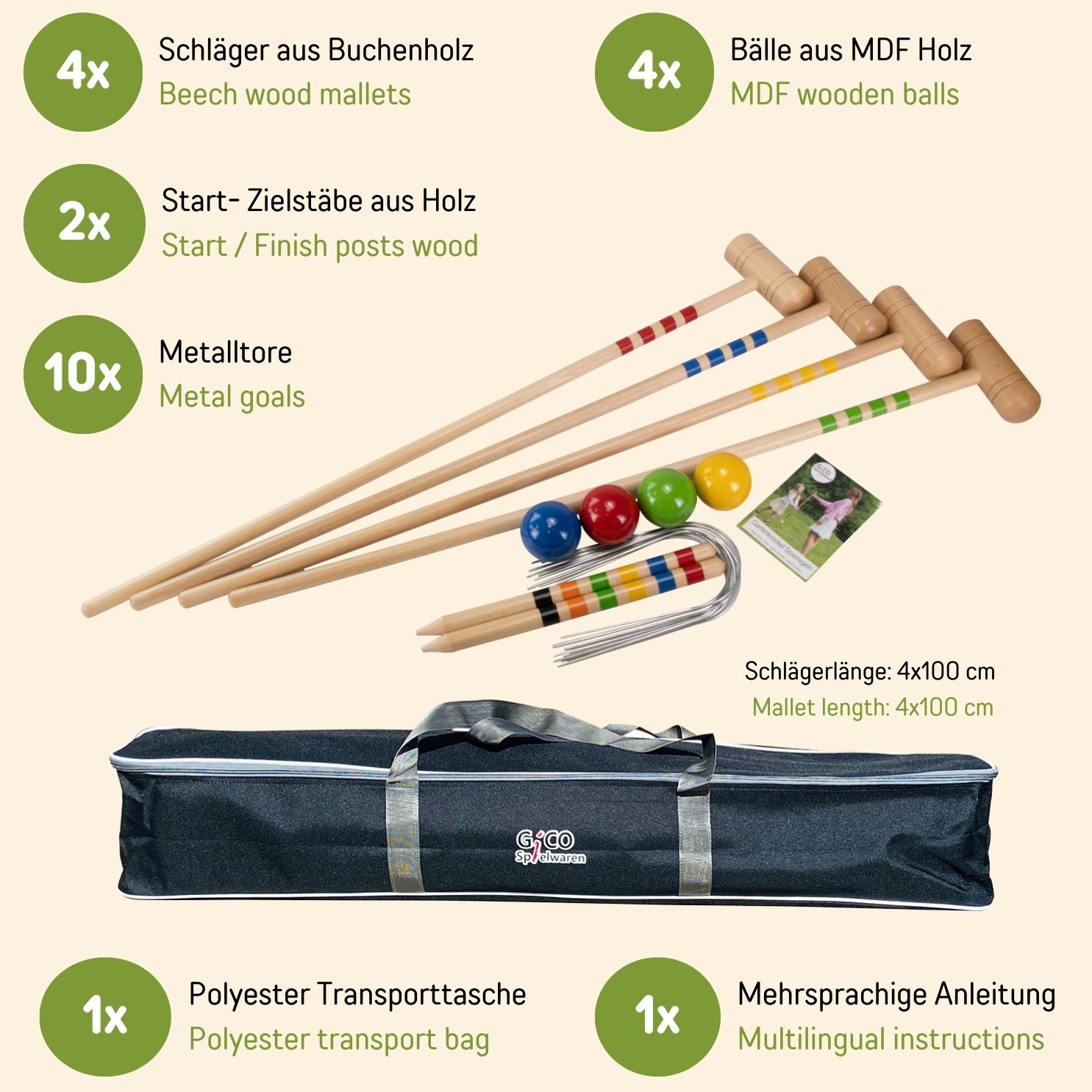 GICO Krocket Set Adult 4 Spieler ( Erwachsenen Länge 100cm ) mit Transporttasche 3244
