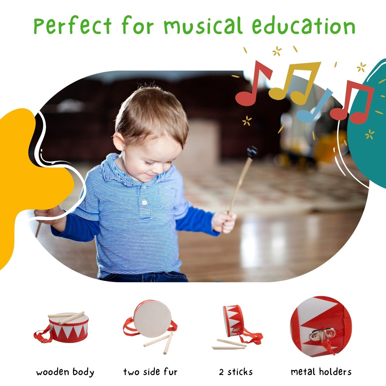 Trommel für Kinder rot/weiss – Holz, 20 cm, mit Sticks & Gurt- 3845r