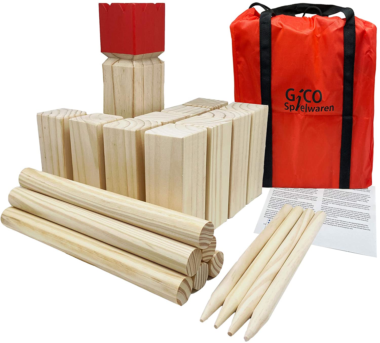 GICO Wikingerspiel XXL - Kubb Spiel Set, König 30 x 7 x 7 - Der Outdoor Spielspaß in Top Qualität aus Massivholz mit Transporttasche - 3263