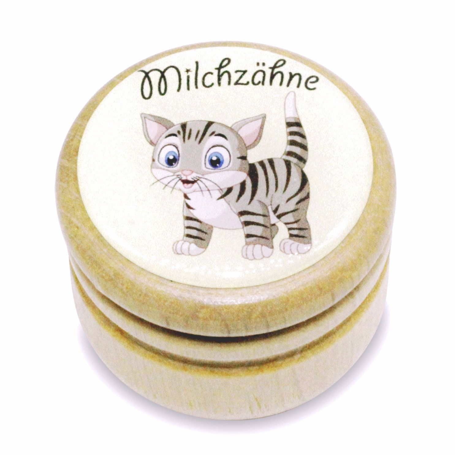 Milchzahndose Katze Zahndose Milchzähne Bilderdose aus Holz mit Drehverschluss 44 mm ( Katze )- 7019k