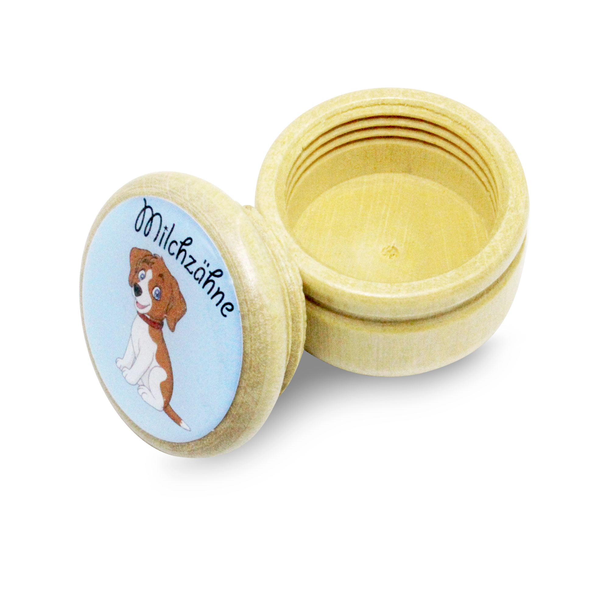Milchzahndose Hund Zahndose Milchzähne Bilderdose aus Holz mit Drehverschluss 44 mm ( Hund )- 7018