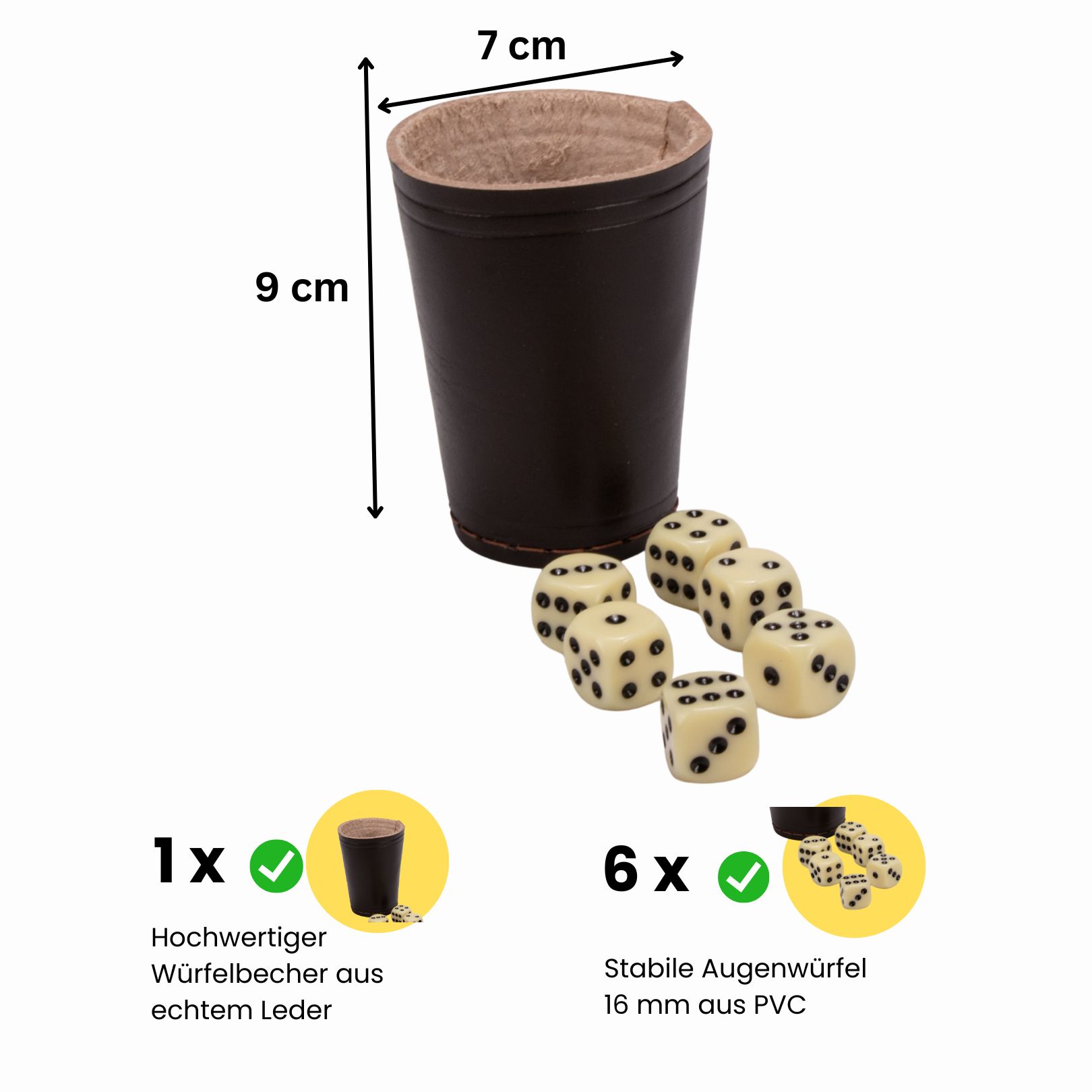 Würfelbecher braun (echt Leder) Standard (9 cm) mit 6 Würfeln 5905
