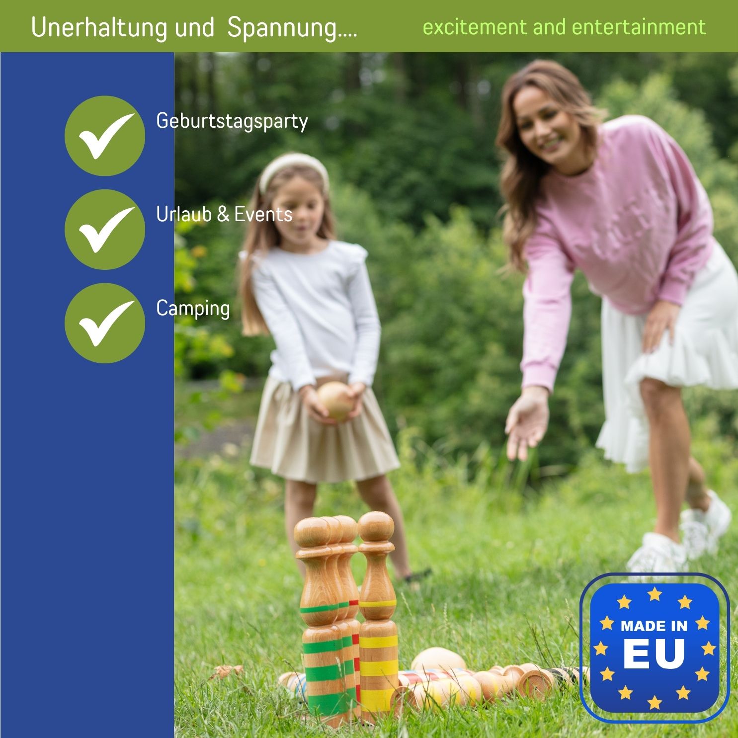 Kegelspiel Kegel Set Bowling 24 cm aus Holz groß für Kinder und Erwachsene - Massivholz 24 cm, gestreift - 3025