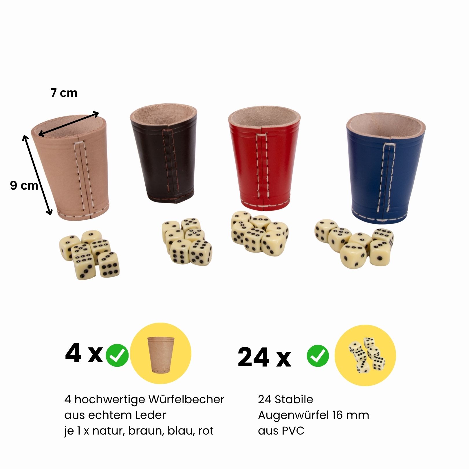 GICO 4 Stück Würfelbecher (echt Leder) bunt (9 cm) mit 6 Würfeln -  5908
