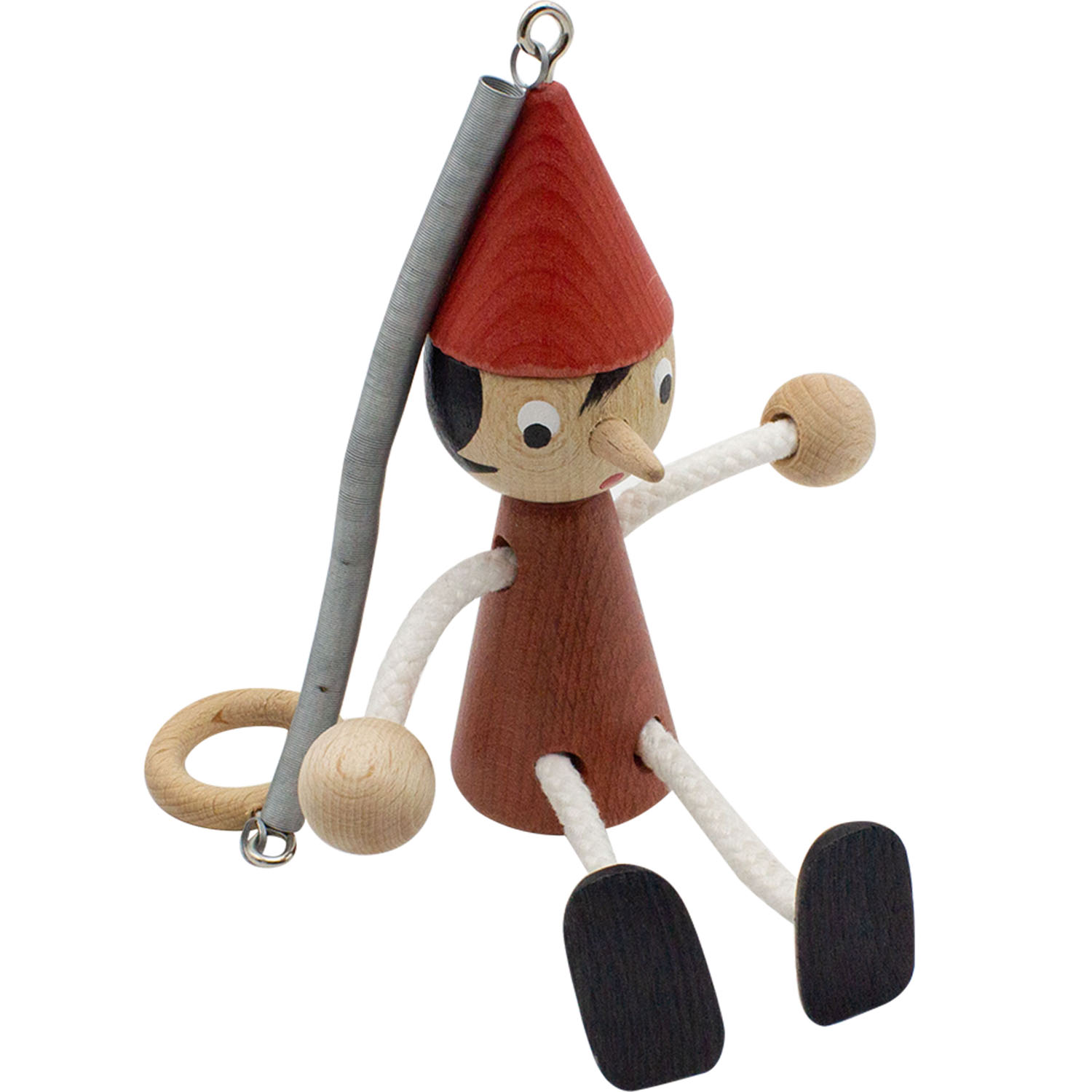 Pinocchio Schwingfigur aus Holz, lasiert mit Feder, Länge 20 cm + 18 cm Feder- Made in Italy- 9006